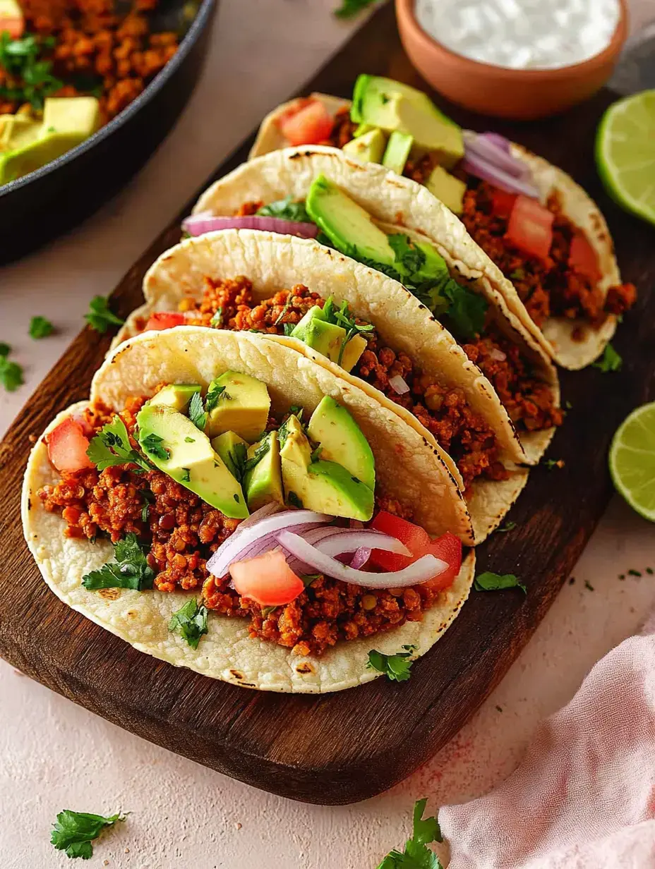 Tres tacos rellenos en una tabla de madera, cubiertos con carne picada especiada, aguacate, tomates, cebollas y cilantro fresco.