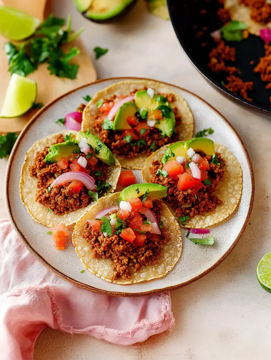 Un plato con cuatro tacos rellenos de carne condimentada, tomates frescos, aguacate, cebolla y cilantro, decorados con rodajas de lima.