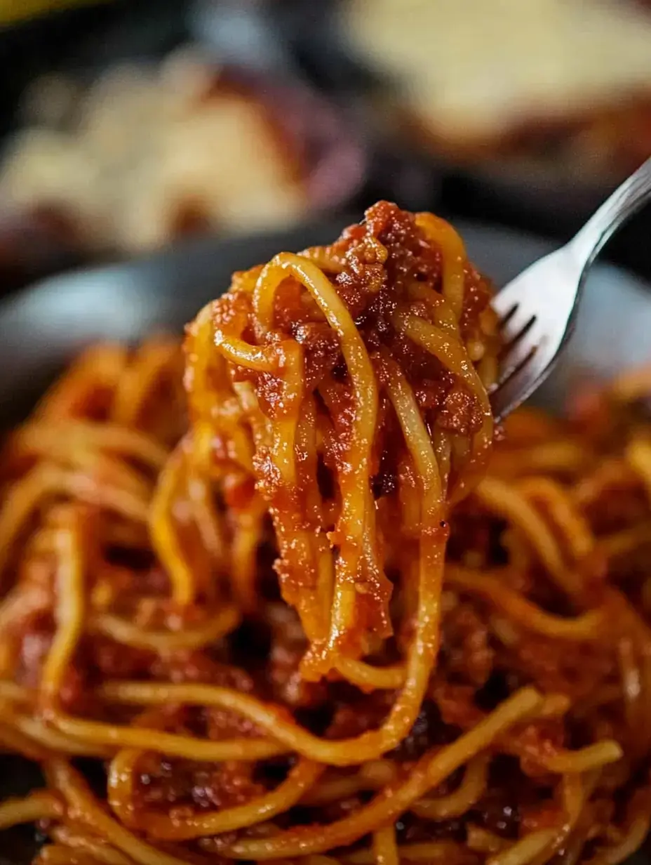 Un tenedor con espaguetis bañados en salsa de tomate, sostenido sobre un plato lleno de más pasta.