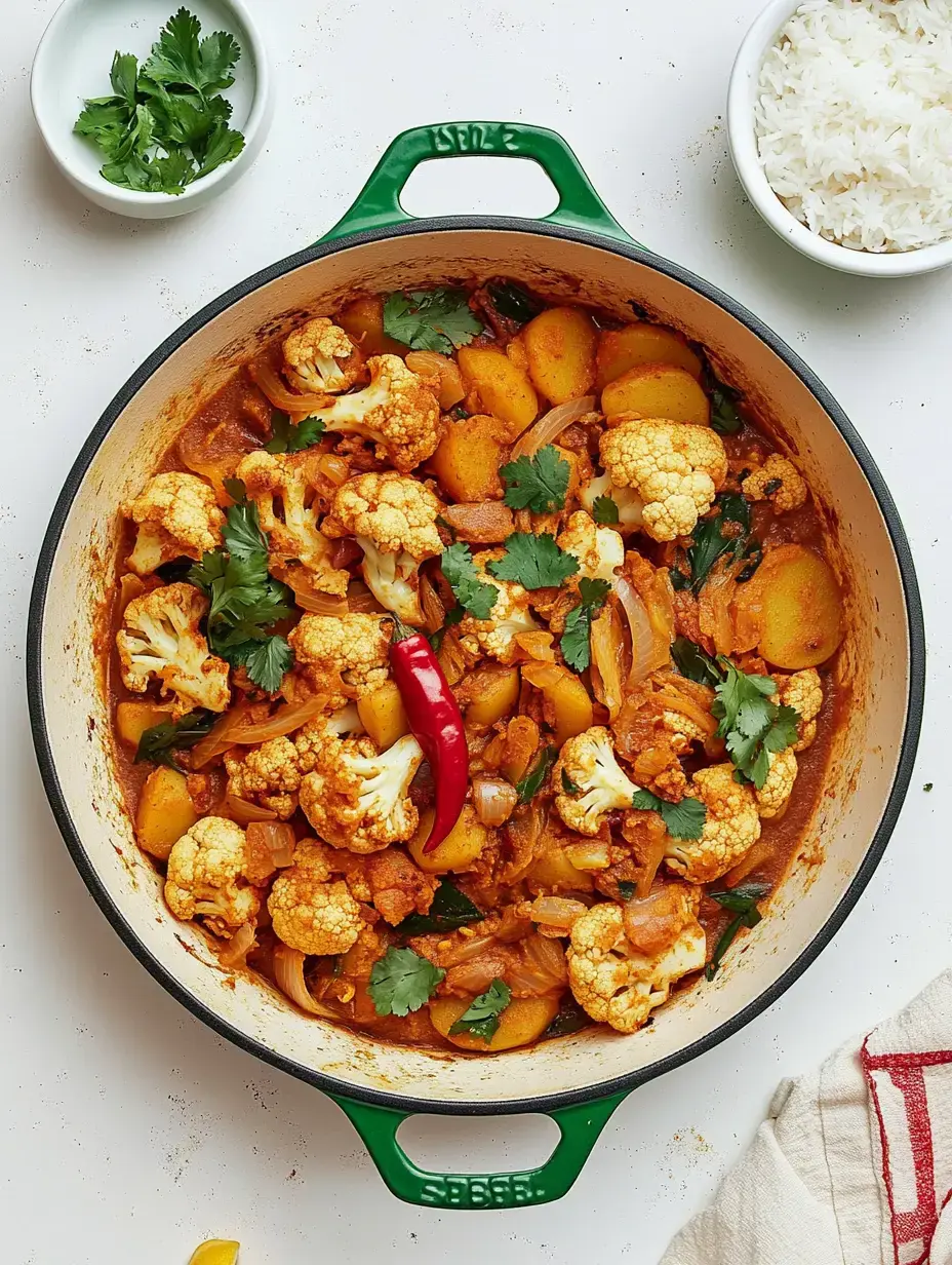 Un guiso colorido de coliflor, patatas, cebollas y cilantro fresco servido con un bol de arroz.