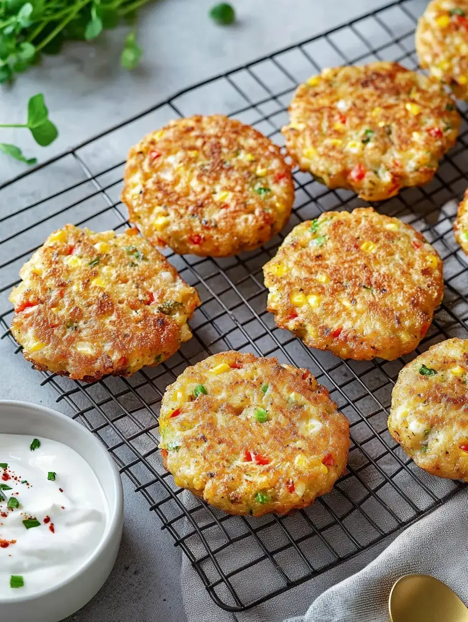 Crujientes tortitas de verduras sobre una rejilla junto a un cuenco con salsa cremosa.