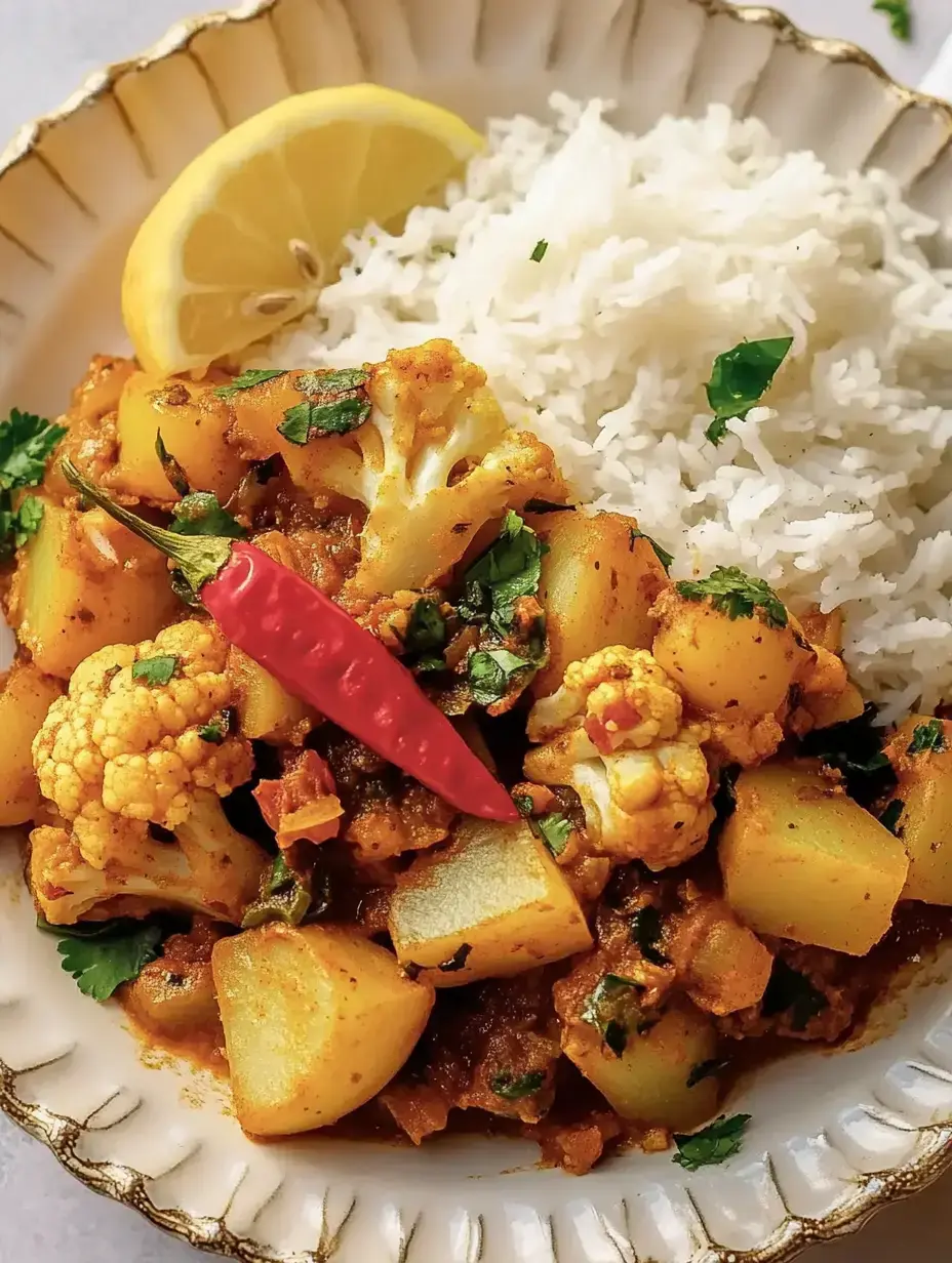 Un plato con coliflor, patatas y arroz, decorado con un trozo de limón y chile rojo.