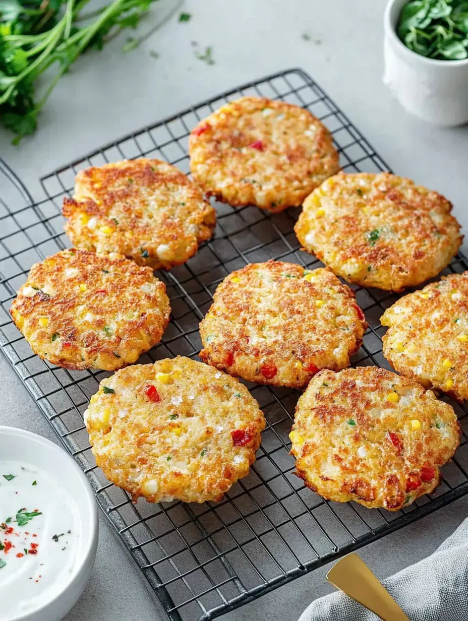 Tortitas fritas de maíz y patata sobre una rejilla, junto a un pequeño cuenco con salsa y hierbas frescas.