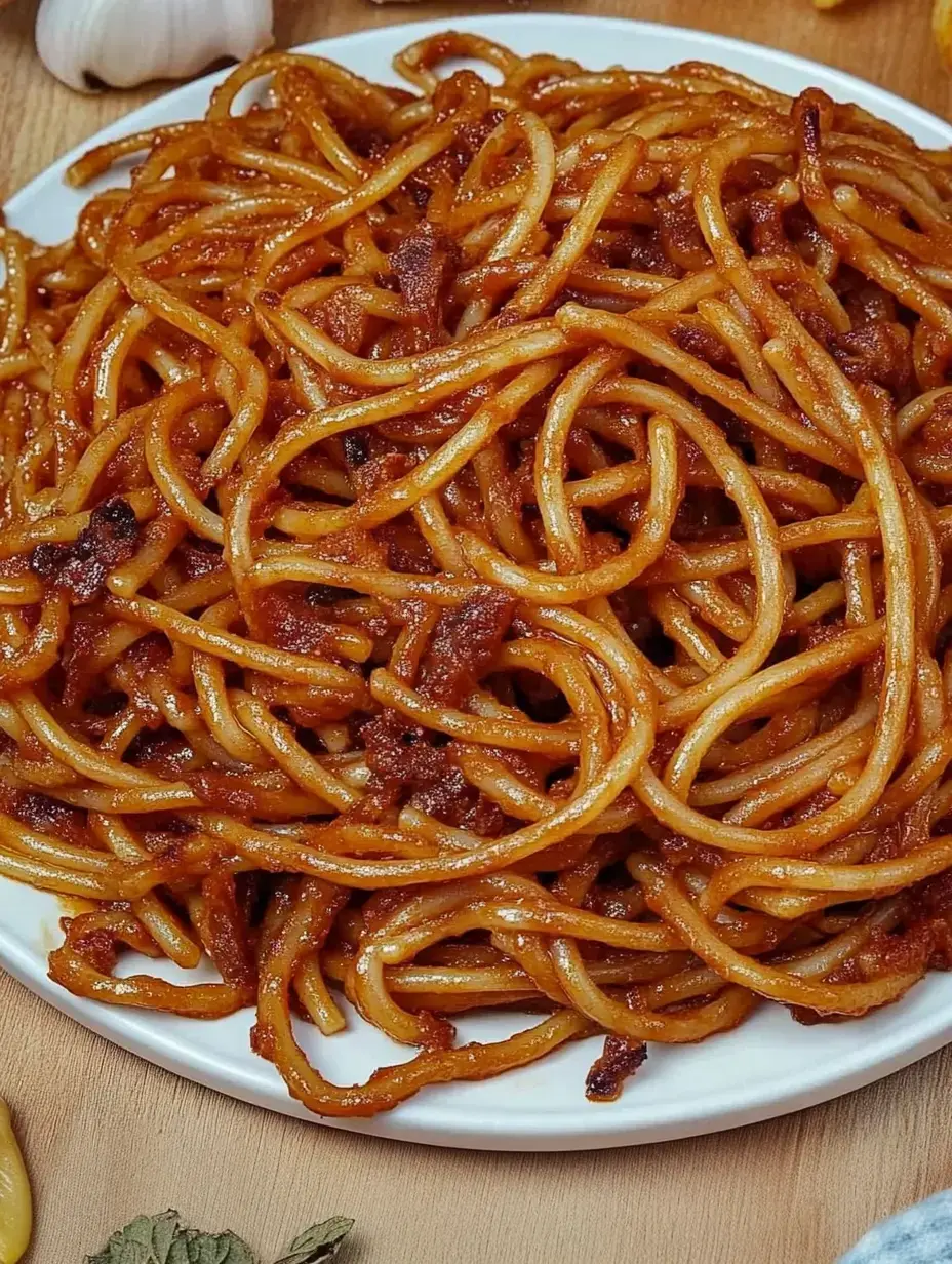 Un plato con pasta doradita sumergida en una salsa marrón tentadora, rodeado de ingredientes frescos.