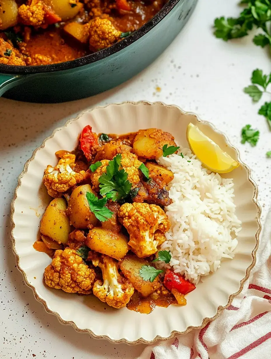 Un plato de coliflor, patatas y tomate en salsa especiada, servido con arroz basmati y rodaja de limón.