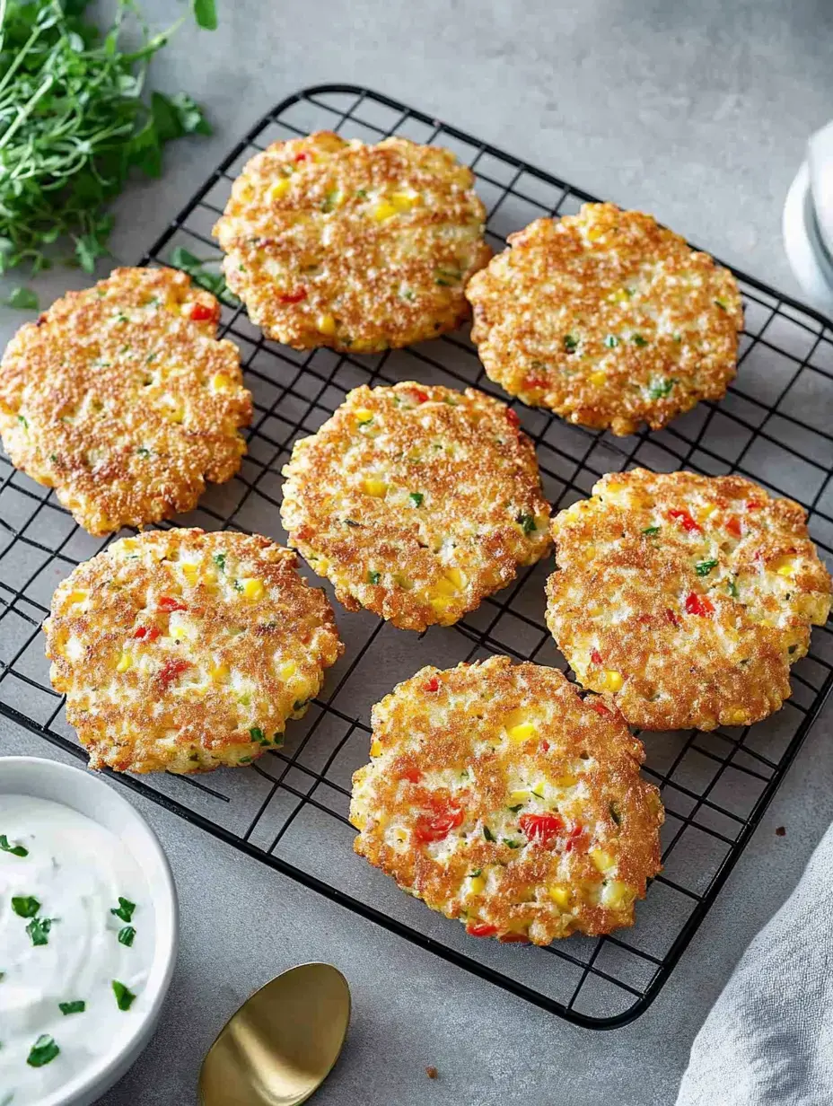 Una rejilla con siete tortitas de verduras doradas y un cuenco con salsa cremosa en el fondo.