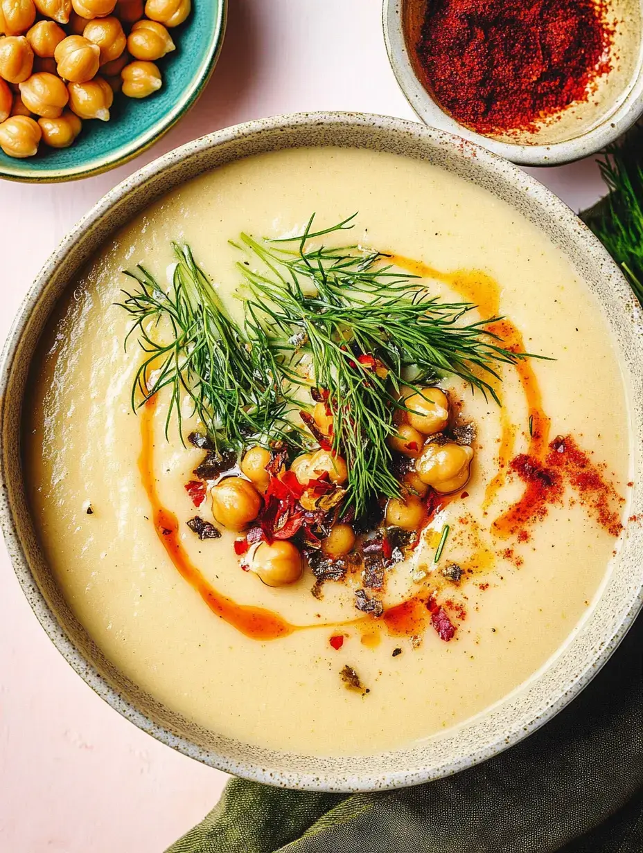 Un bol con sopa espesa, garbanzos crujientes, eneldo fresco, especias y chorrito de salsa picante roja.