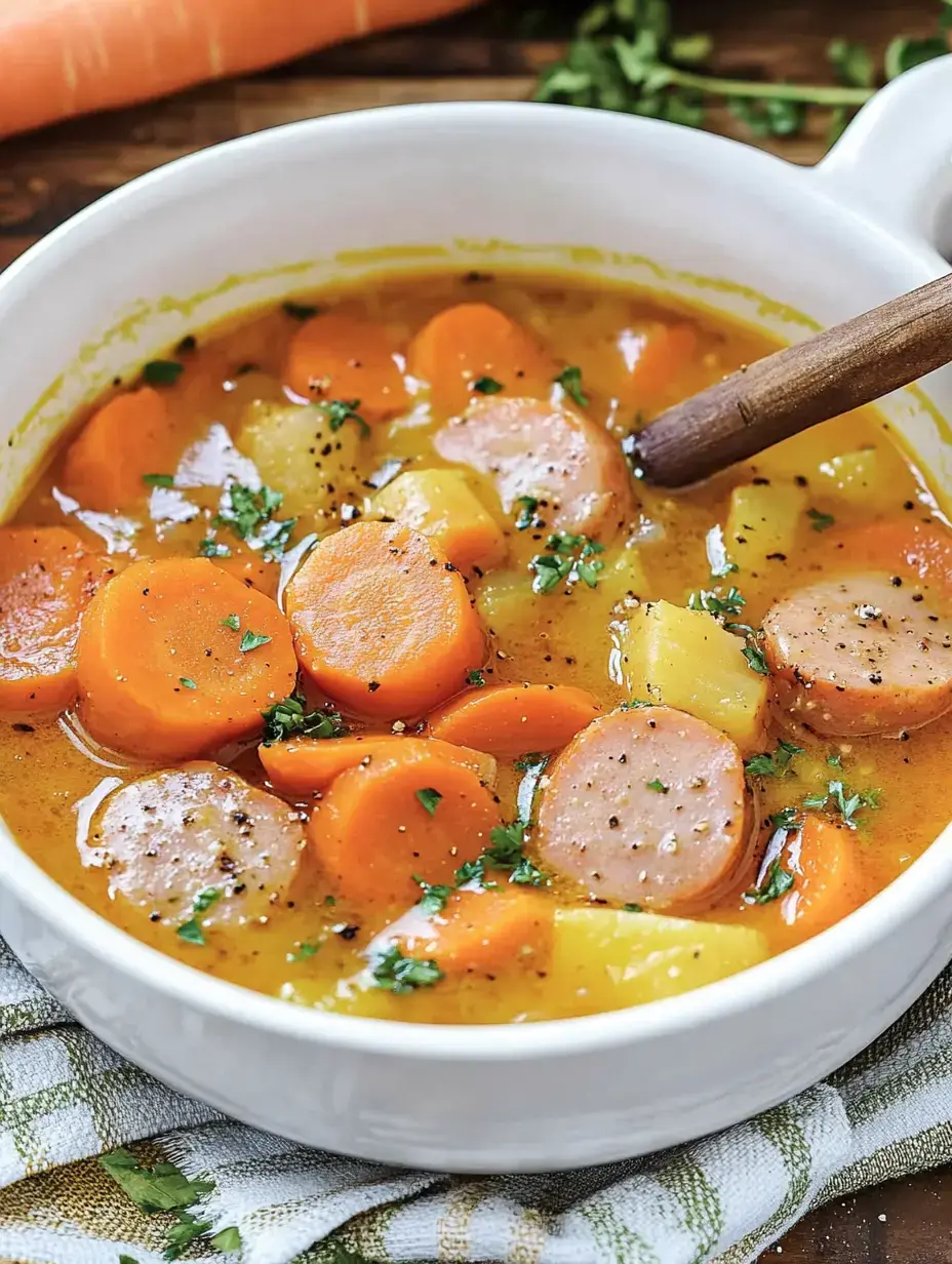 Un bol de sopa con verduras y salchicha, decorado con perejil y rodeado de zanahorias.