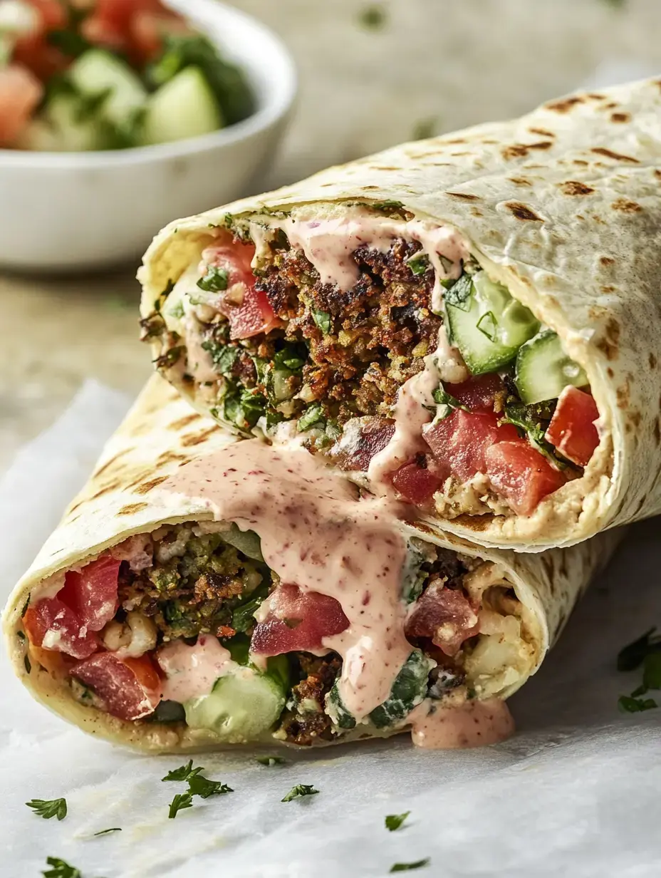 Una pita rellena con verduras frescas, tomates y una salsa cremosa, sobre fondo blanco.