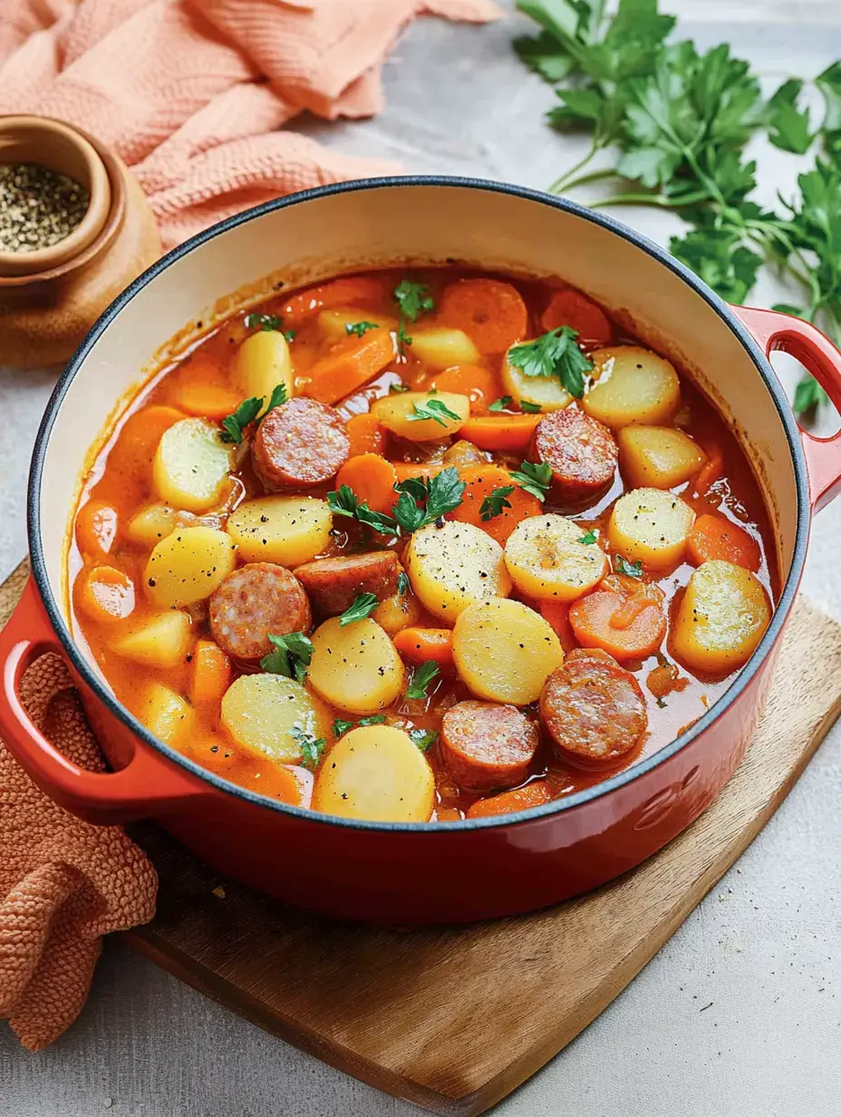 Una cacerola roja con un guiso de patatas, zanahorias y salchichas, decorada con perejil fresco.