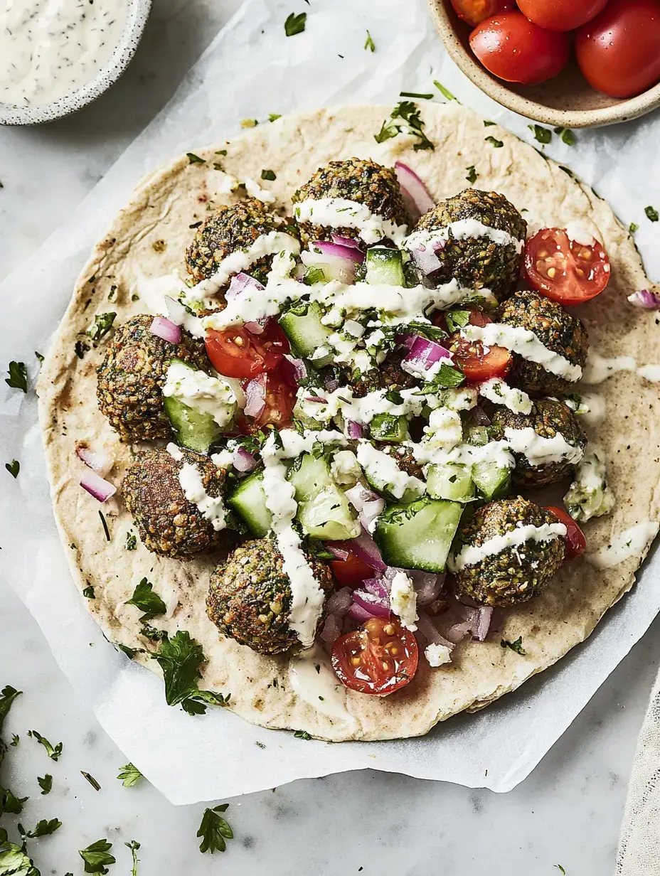 Un pan de pita con falafel, verduras frescas como tomate y pepino y una salsa de yogur sobre la mesa.