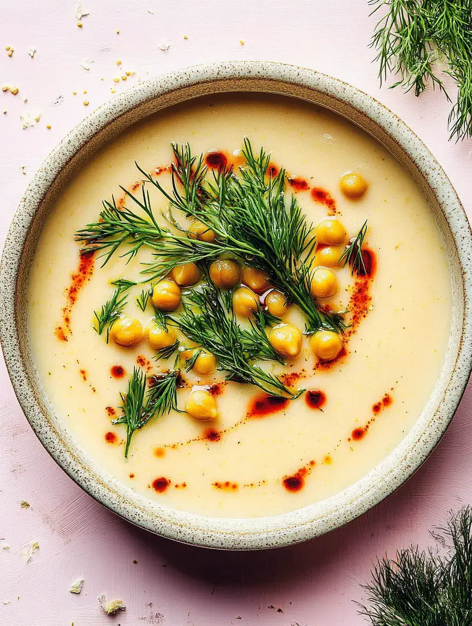 Bol con una sopa espesa, decorada con garbanzos, eneldo fresco y gotas rojas sobre fondo rosado.