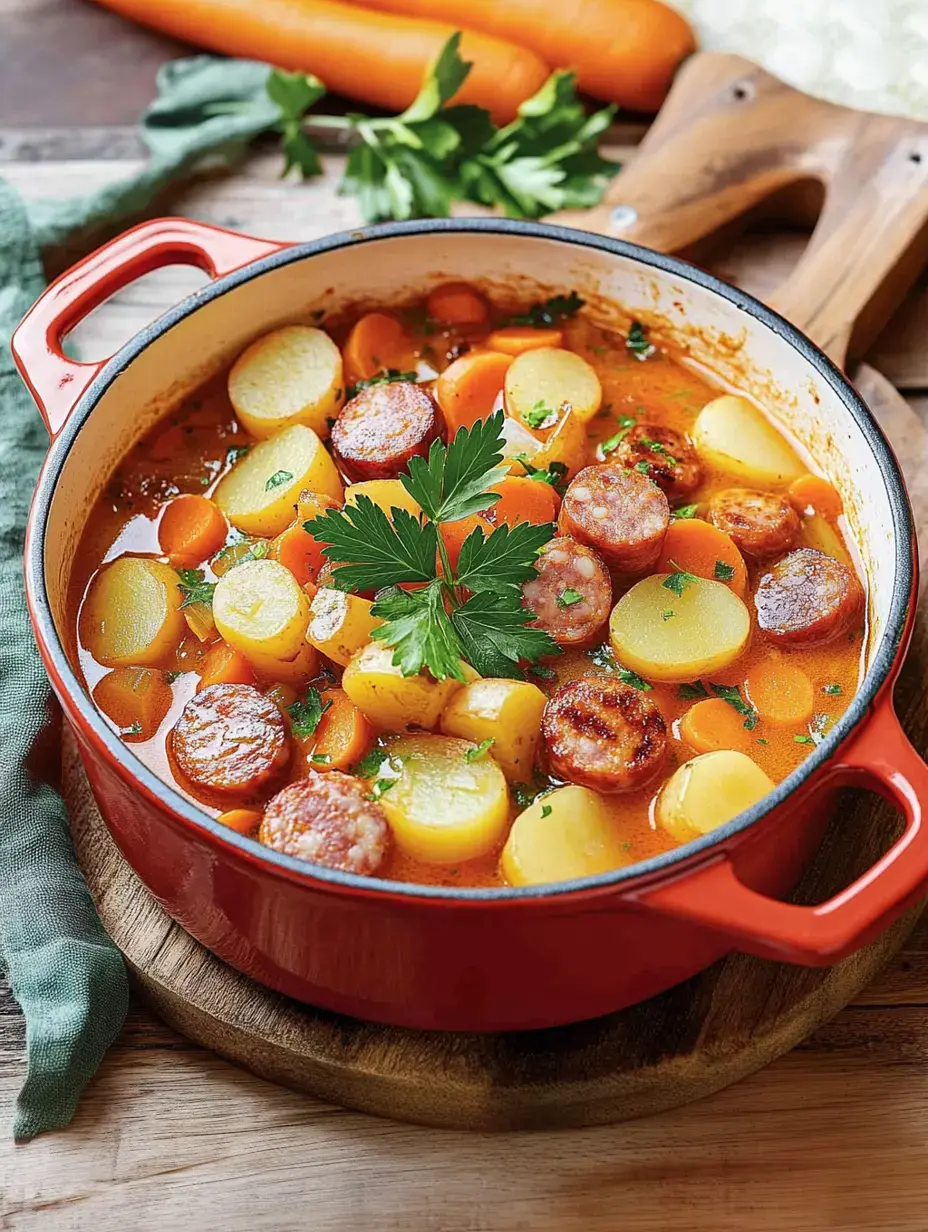Olla roja con guiso de patata y chorizo, con perejil por encima, sobre una tabla de madera.