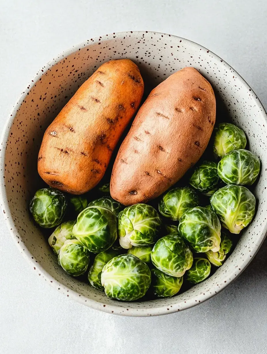 Un bol con dos batatas y un montón de coles de Bruselas verdes.