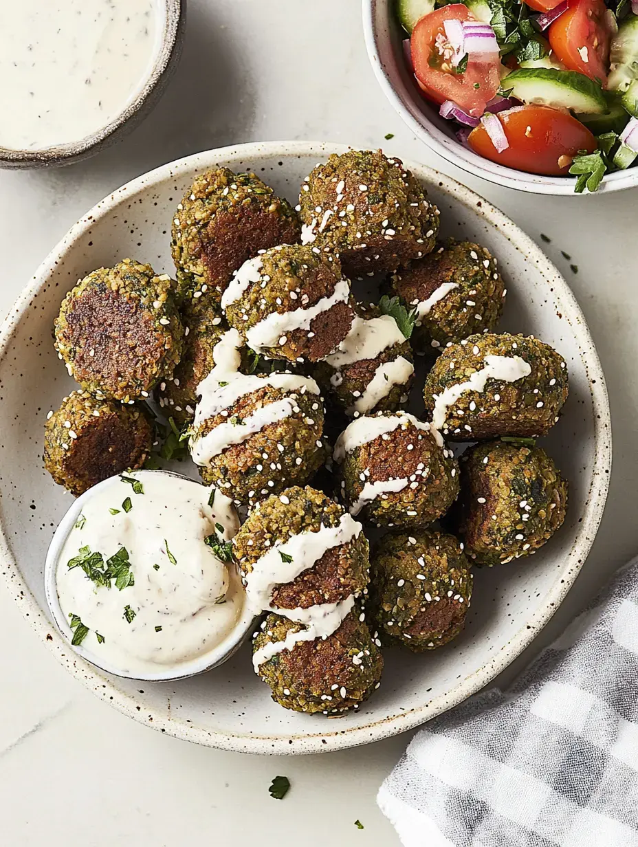 Un plato con bolitas de falafel crujiente, con salsa de yogur y verduras frescas.