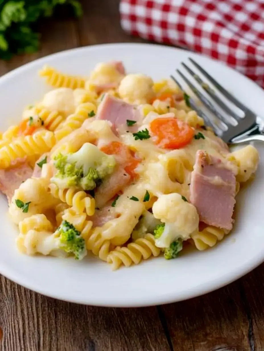 Un plato de pasta en espiral con jamón, brócoli, coliflor y zanahorias en una salsa cremosa.