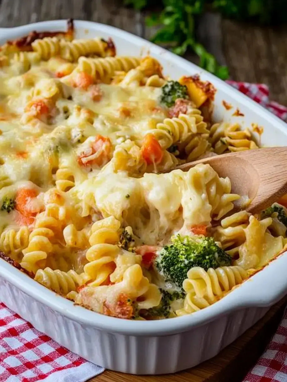 Una fuente blanca con pasta en espiral, brócoli y queso derretido encima.
