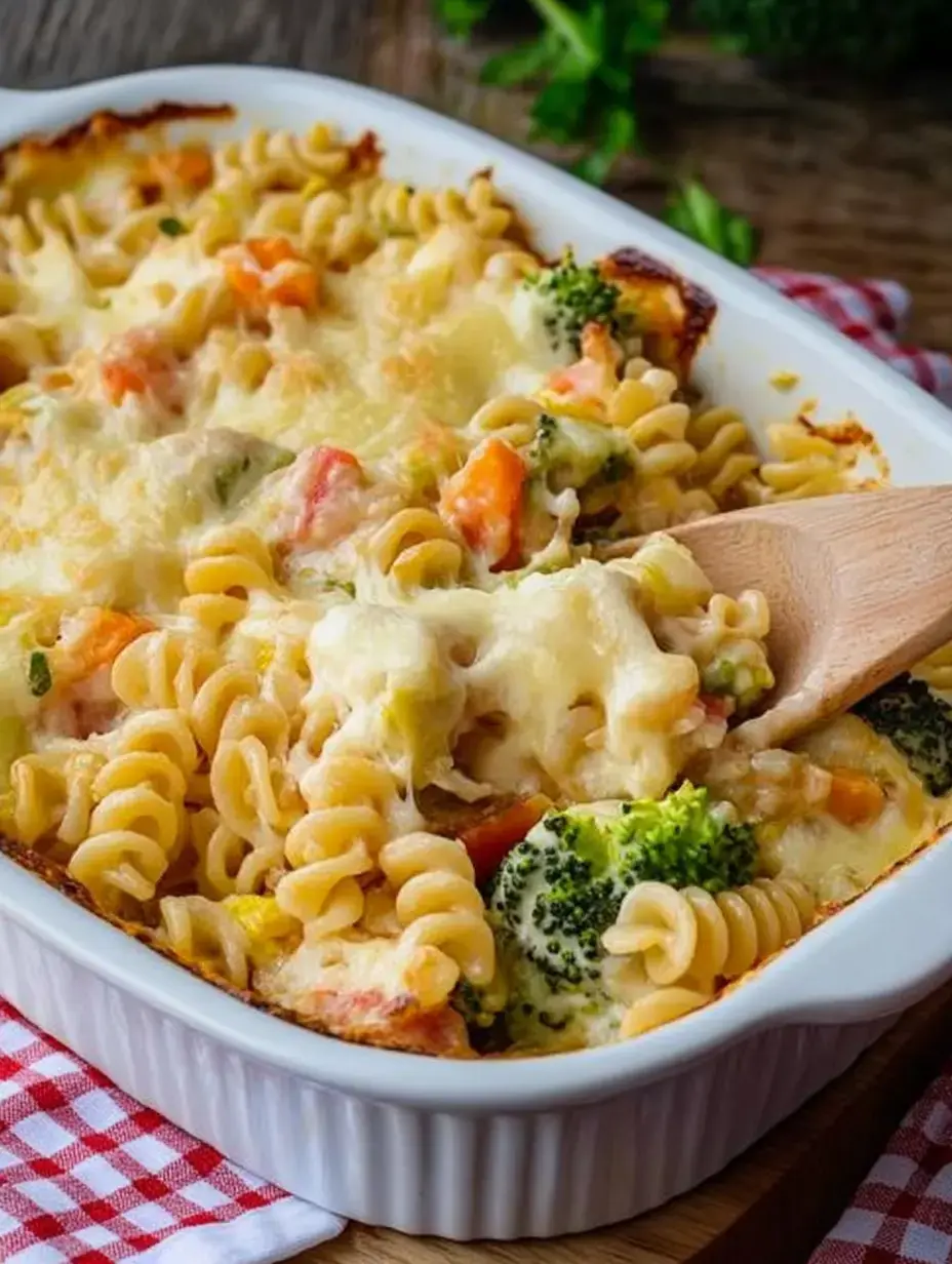 Un gratinado de pasta en espiral, brócoli y otras verduras, cubierto con queso fundido en una fuente blanca.