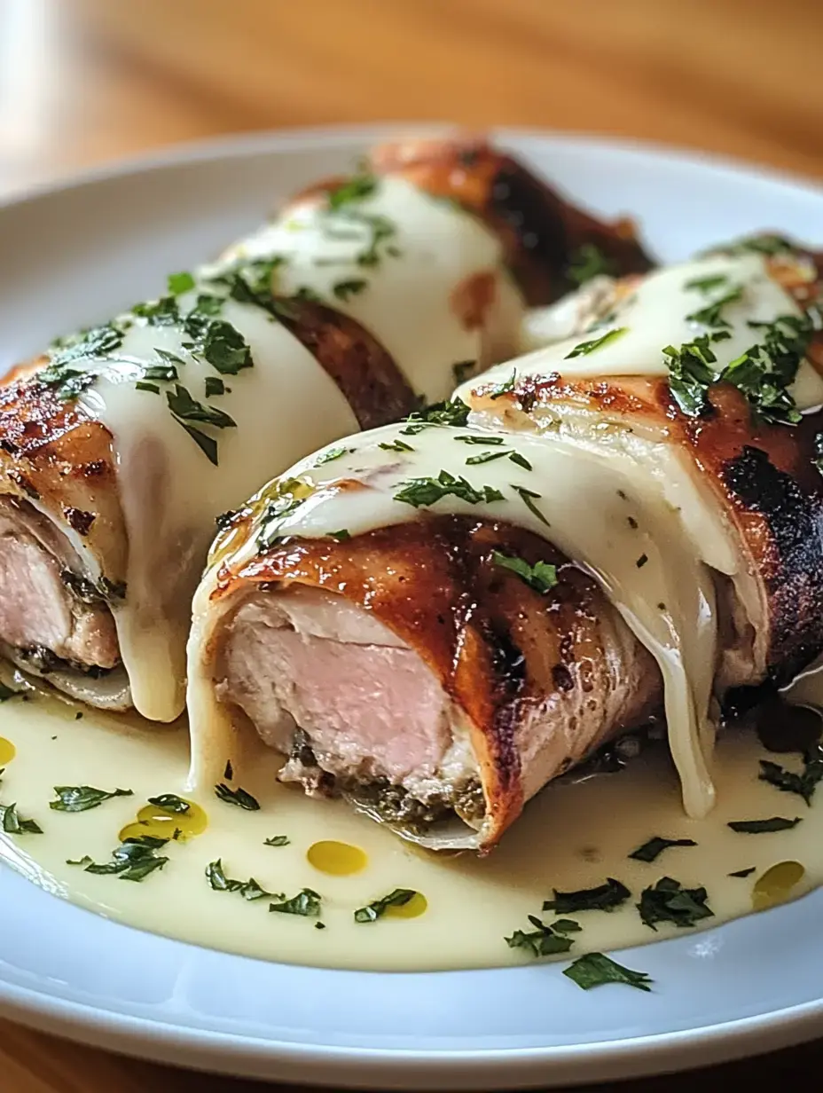 En el plato se ven dos rollitos de carne rellenos, cubiertos de queso derretido, un poco de perejil fresco y bañados en salsa.