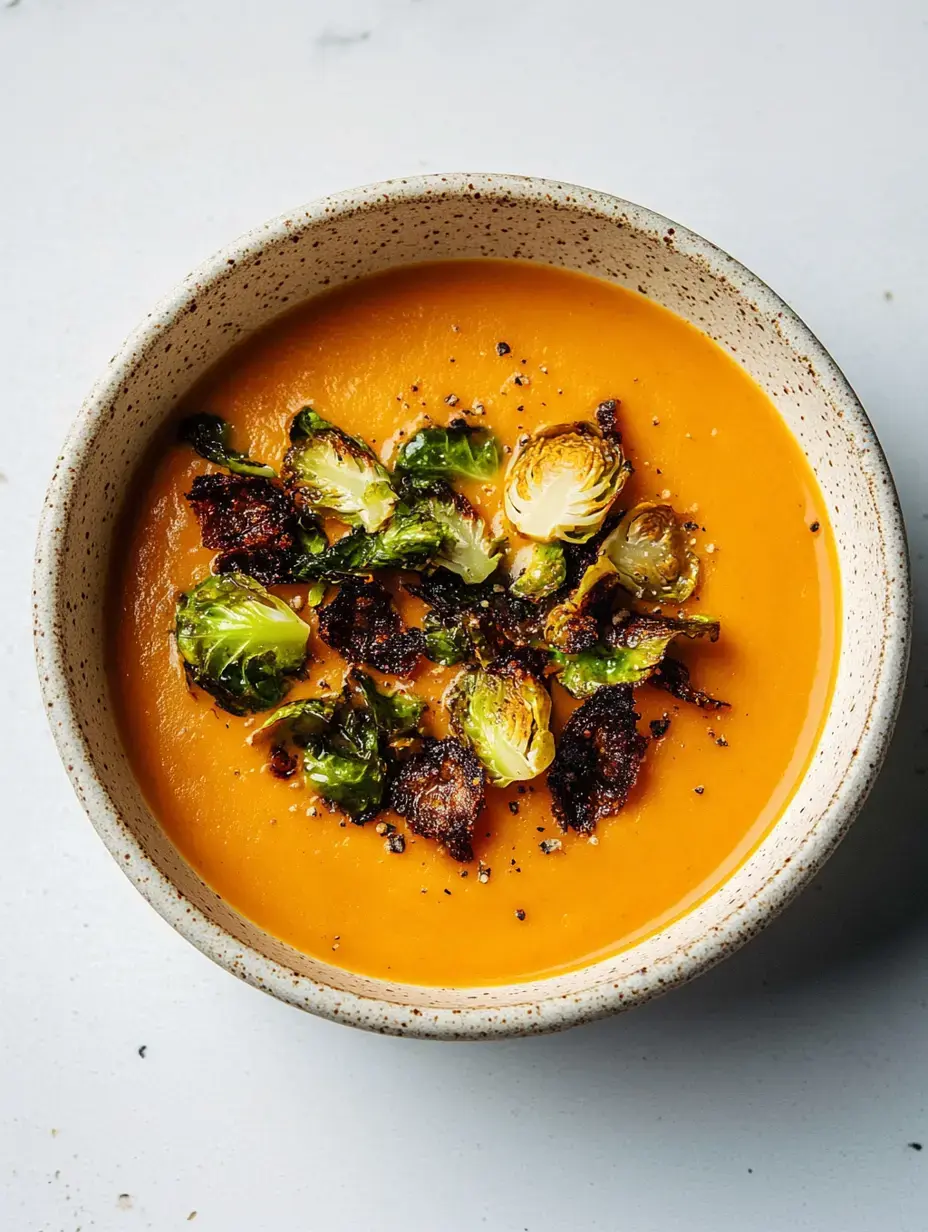 Un cuenco con crema de calabaza y chips de col de Bruselas crocantes.