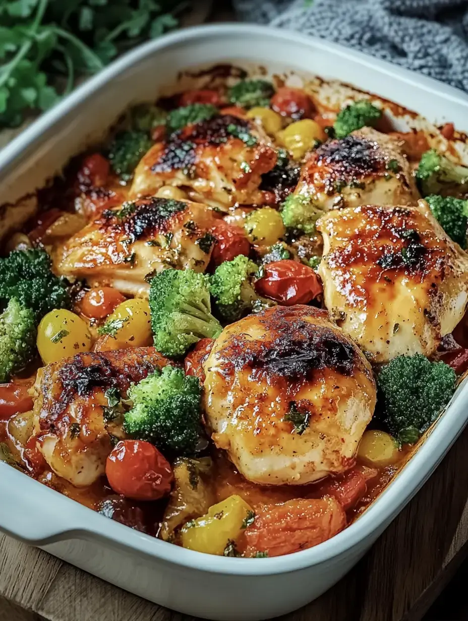 Un plato al horno con trozos doraditos de pollo, brócoli y tomates de colores en una salsa llena de sabor.