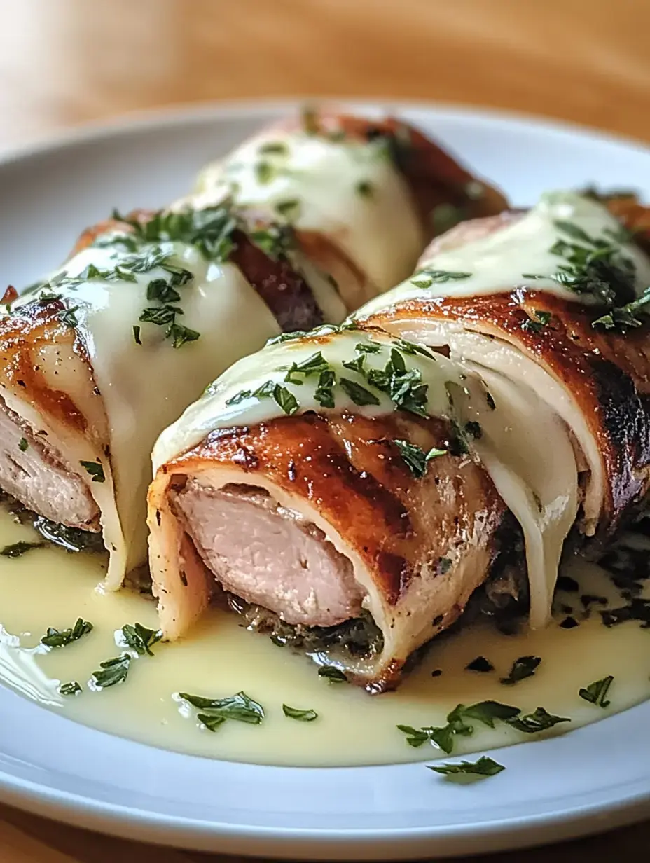 Aquí se ven filetes de pollo envueltos en bacon, llenos de queso por encima y unas hierbas frescas, todo servido en un plato blanco.