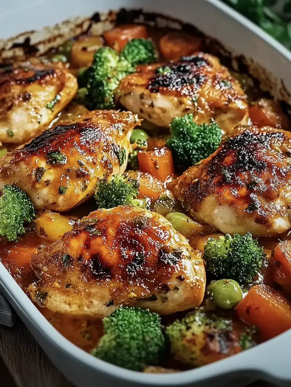Un plato al horno con pollo suavecito, brócoli y verduras de colores en salsa especiada.