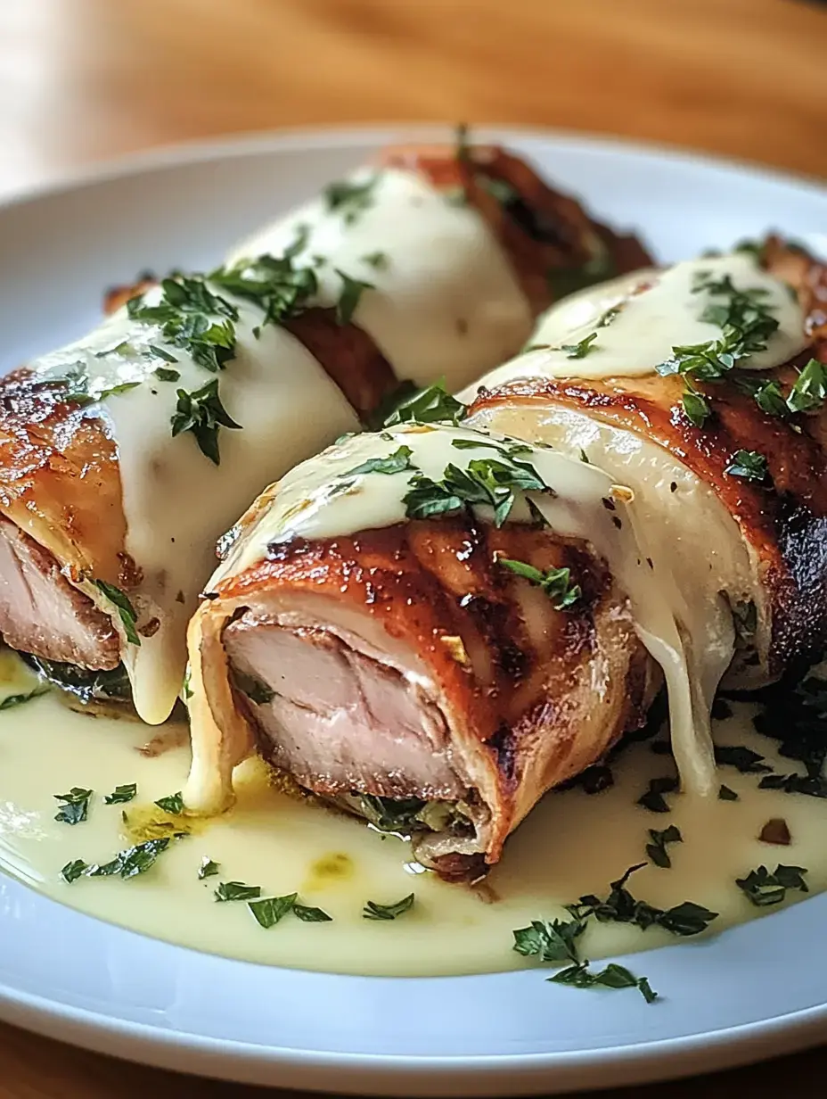Ves dos rollos de carne con bacon, cubiertos de queso fundido y decorados con unas hierbas frescas.