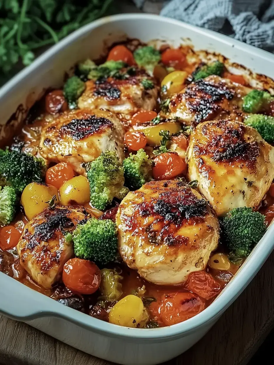 Una fuente blanca con pollo asado, tomatitos y brócoli, todo muy jugoso.