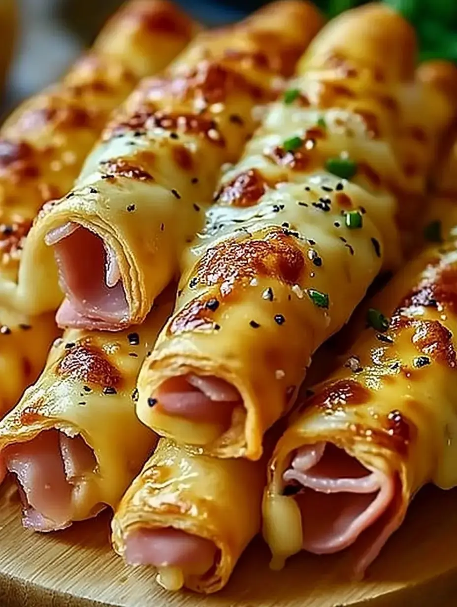 Palitos enrollados de hojaldre con jamón y queso derretido, decorados con semillas negras y cebollino fresco.