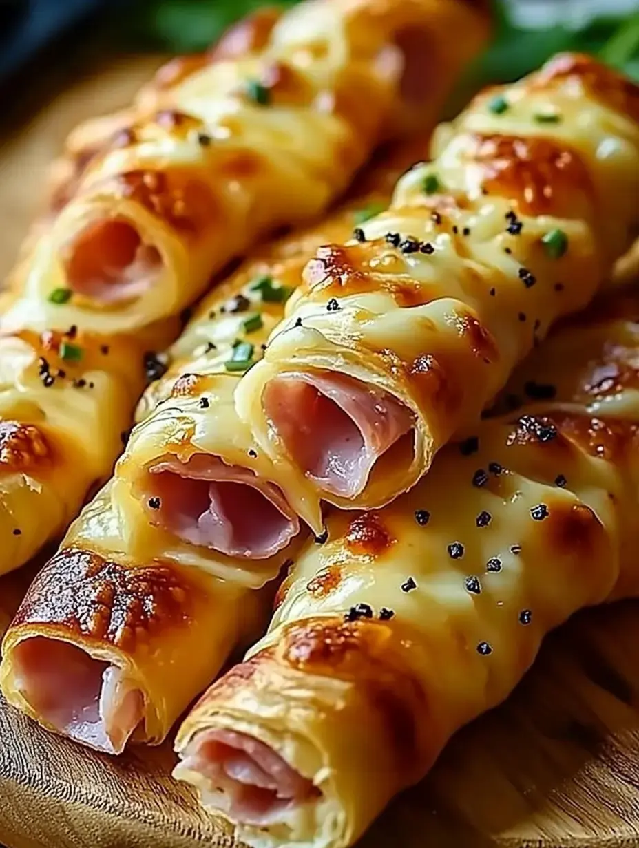 Bandeja con palitos crujientes de hojaldre rellenos de jamón y queso, decorados con hierbas verdes.