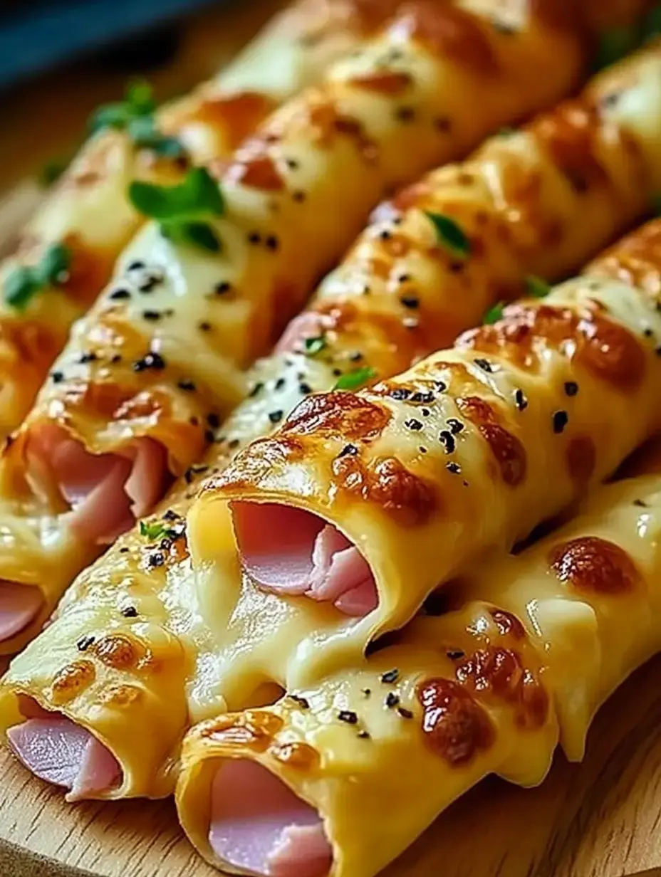 Palitos sabrosos de hojaldre rellenos de jamón y queso fundido, servidos sobre una tabla de madera.