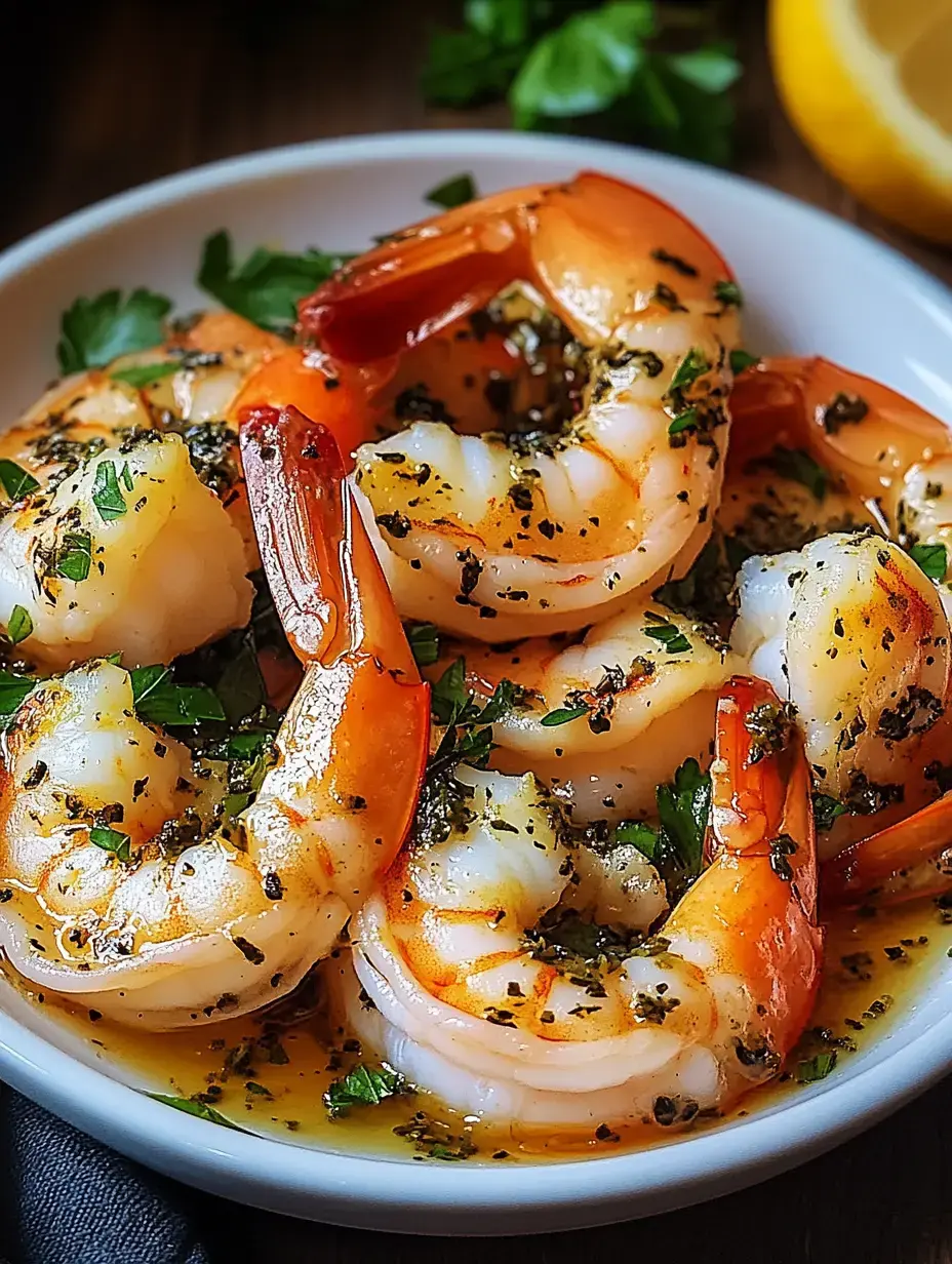 Un plato con gambas especiadas, adornado con hierbas frescas y una rodaja de limón.