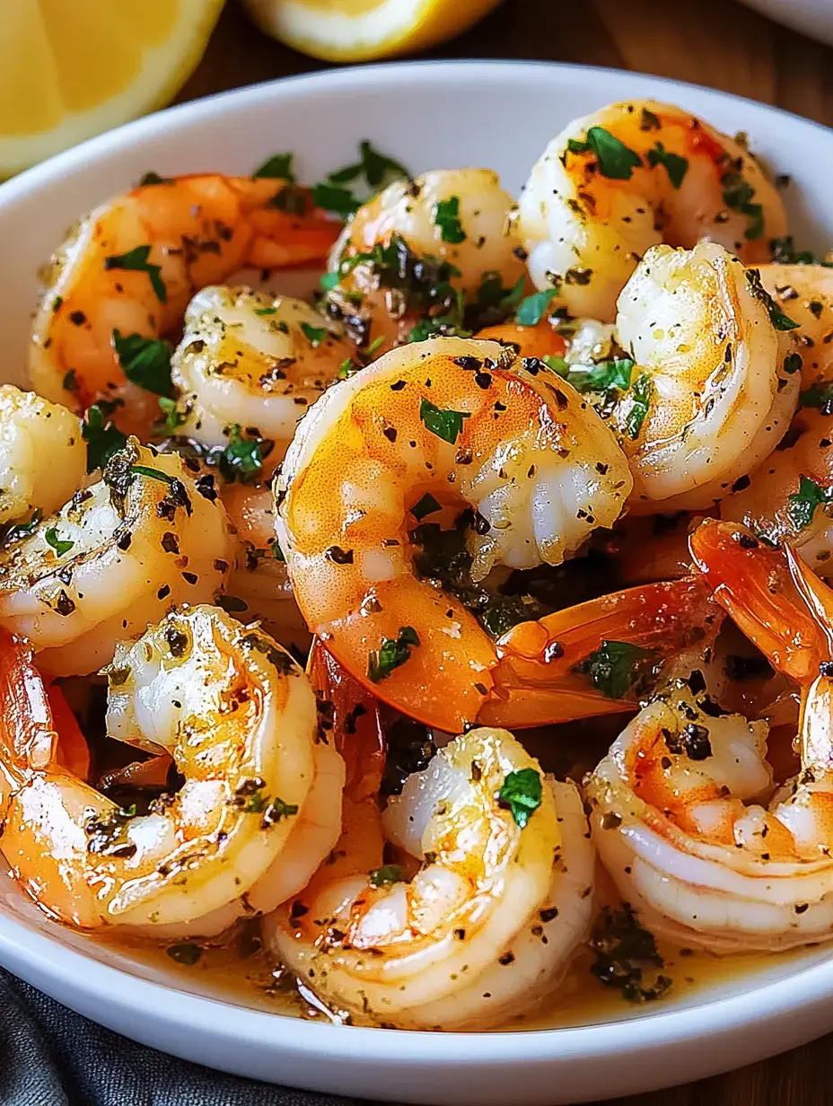 Un cuenco blanco con gambas cocidas, cubiertas de hierbas y especias frescas.