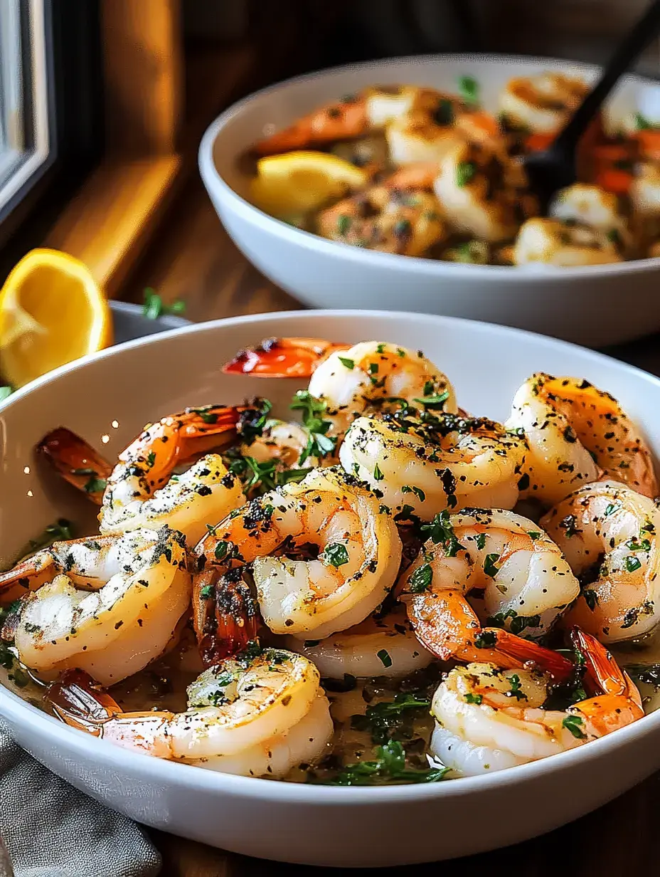 Un plato con gambas doradas, hierbas frescas y limón de adorno.