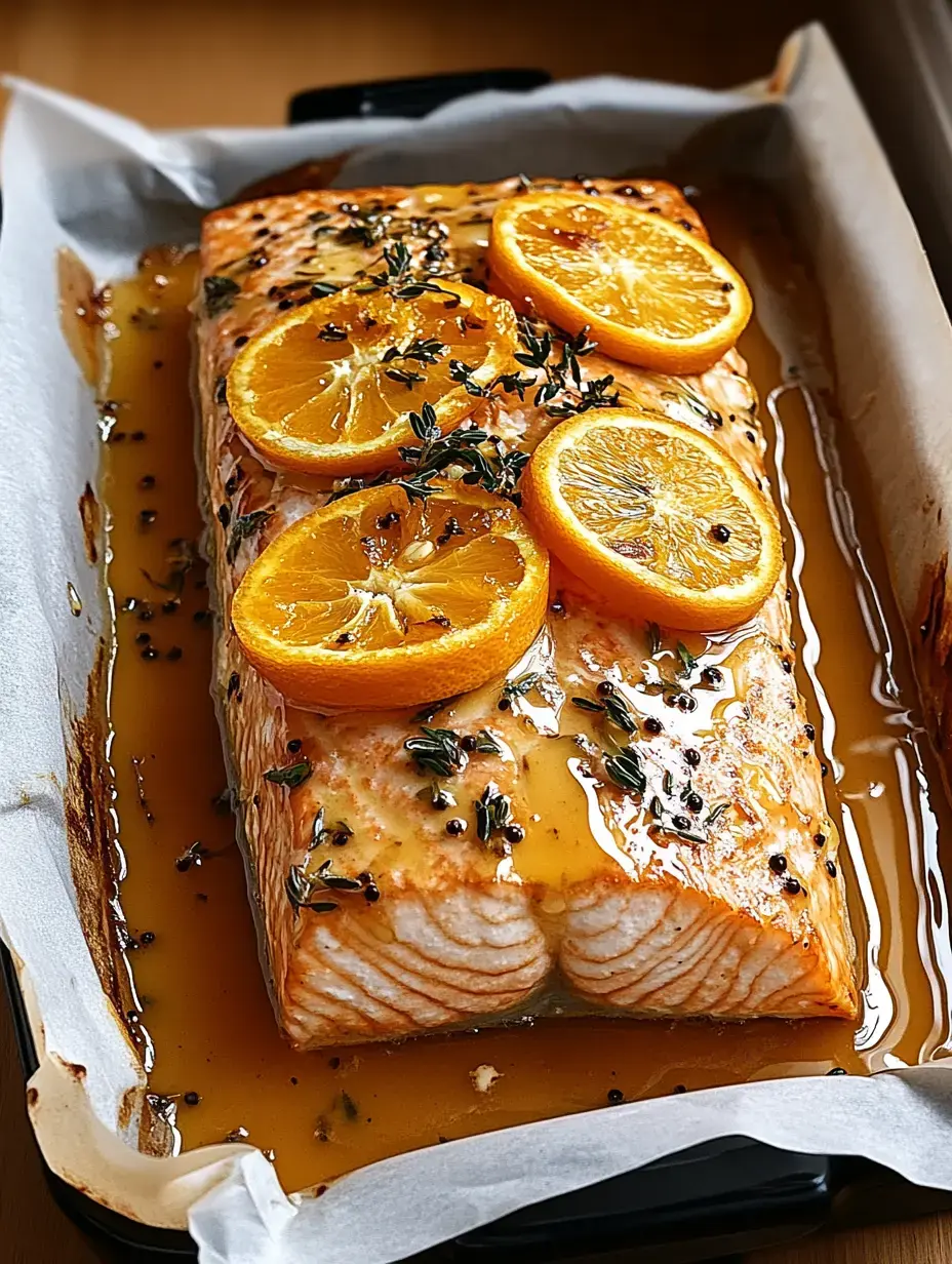 Un filete de salmón asado con rodajas de naranja y hierbas frescas, cubierto con un glaseado brillante en una bandeja de horno.
