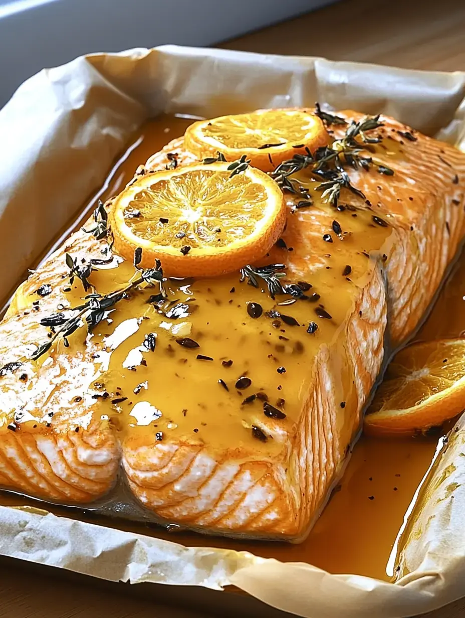 Un filete de salmón cubierto con naranja y hierbas frescas dentro de una bandeja pequeña.