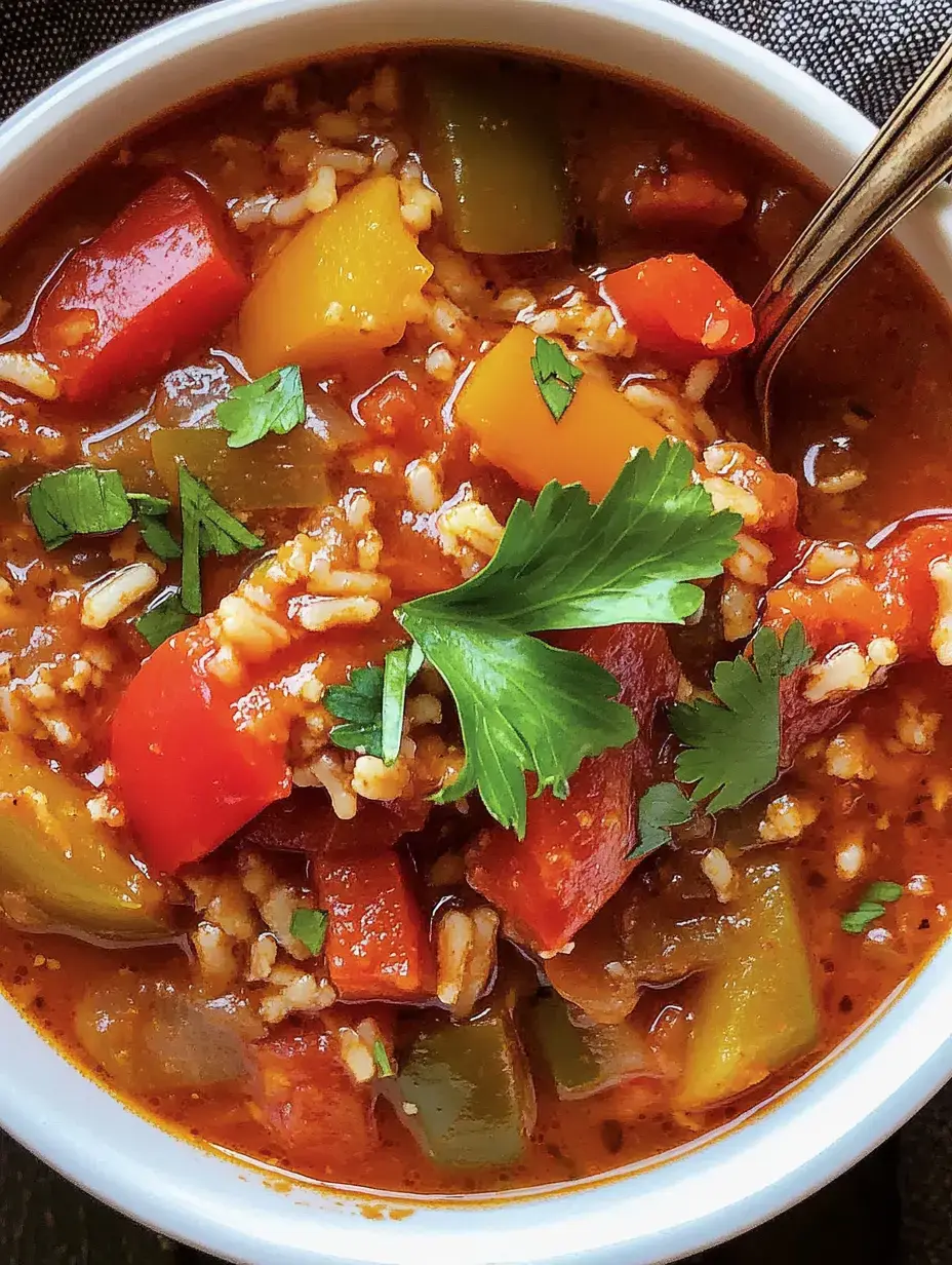 Un plato lleno de sopa colorida de arroz y verduras, con pimientos verdes, rojos y amarillos, hierbas frescas y arroz.