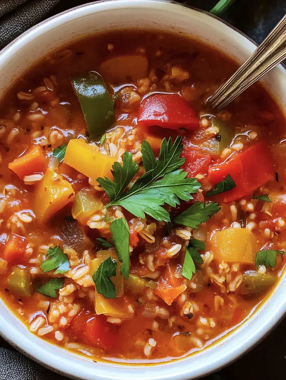 Un bol con sopa de verduras coloridas, arroz y pimientos en varios tonos, con perejil fresco arriba.