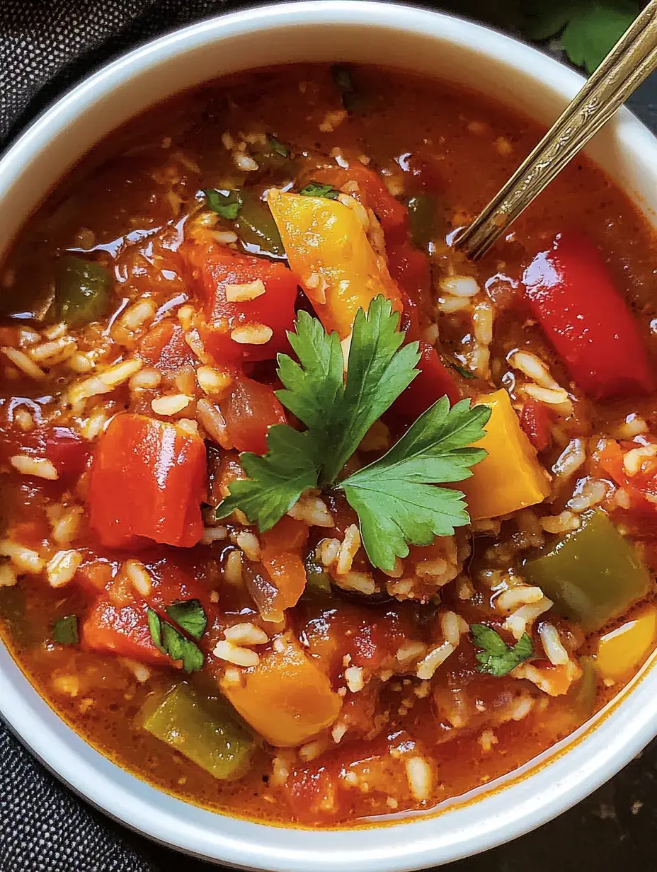 Un bol lleno de verduras coloridas, arroz y perejil en caldito de tomate.