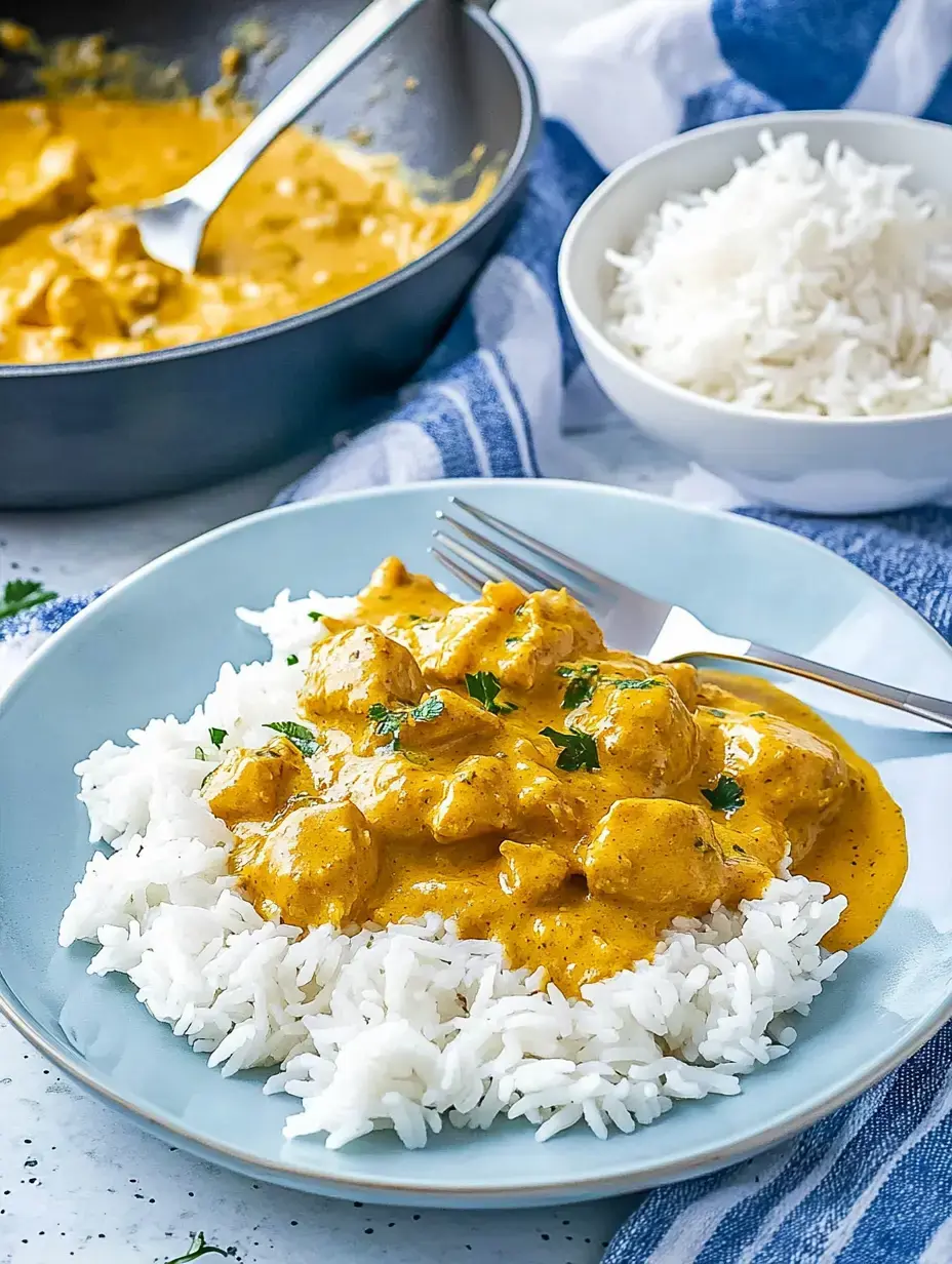 Plato con arroz blanco, bañado en una salsa suave con pollo, mientras al fondo hay una sartén con más de este platillo.
