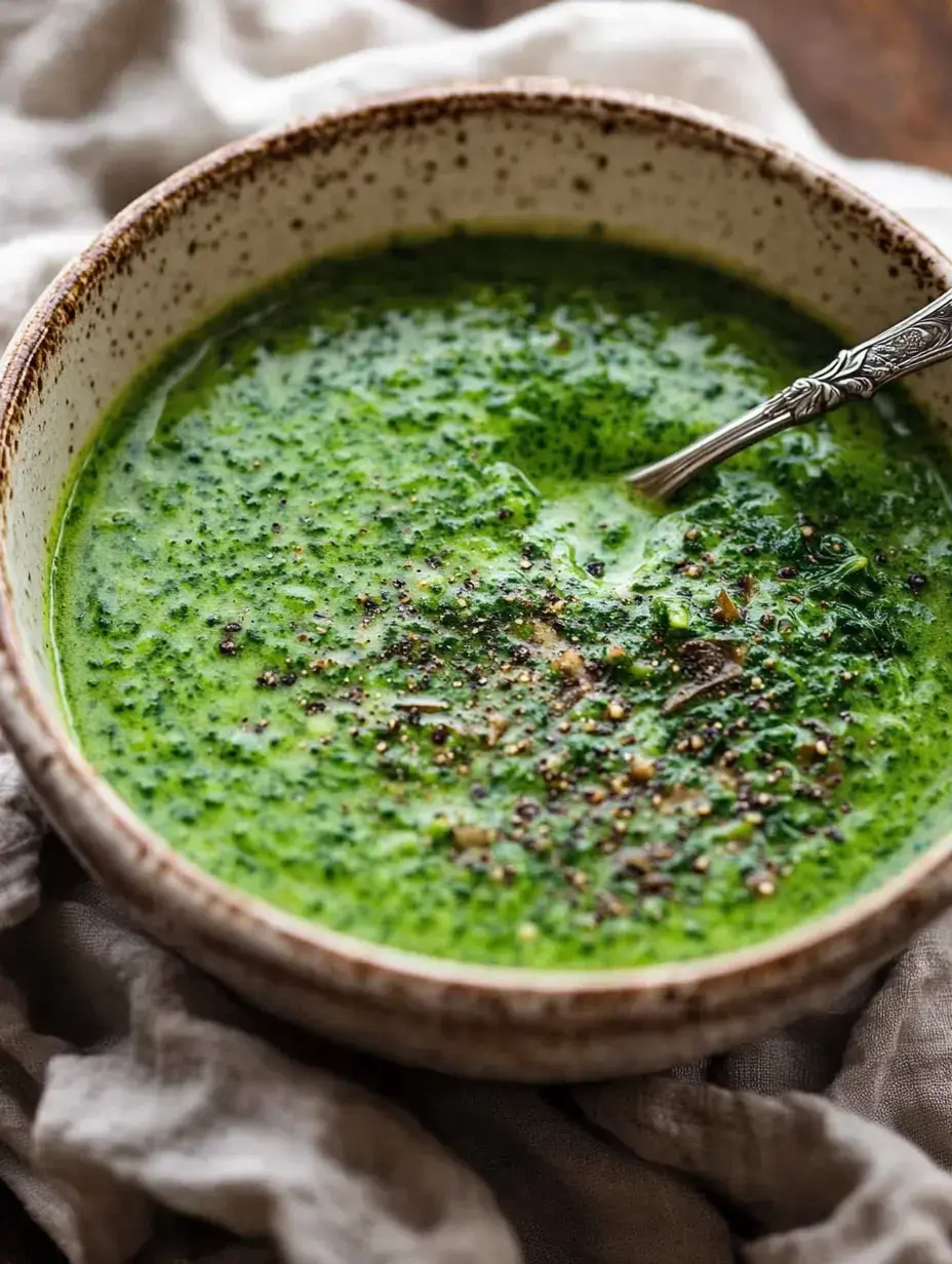 Un bol de sopa verde adornado con especias sobre un paño.