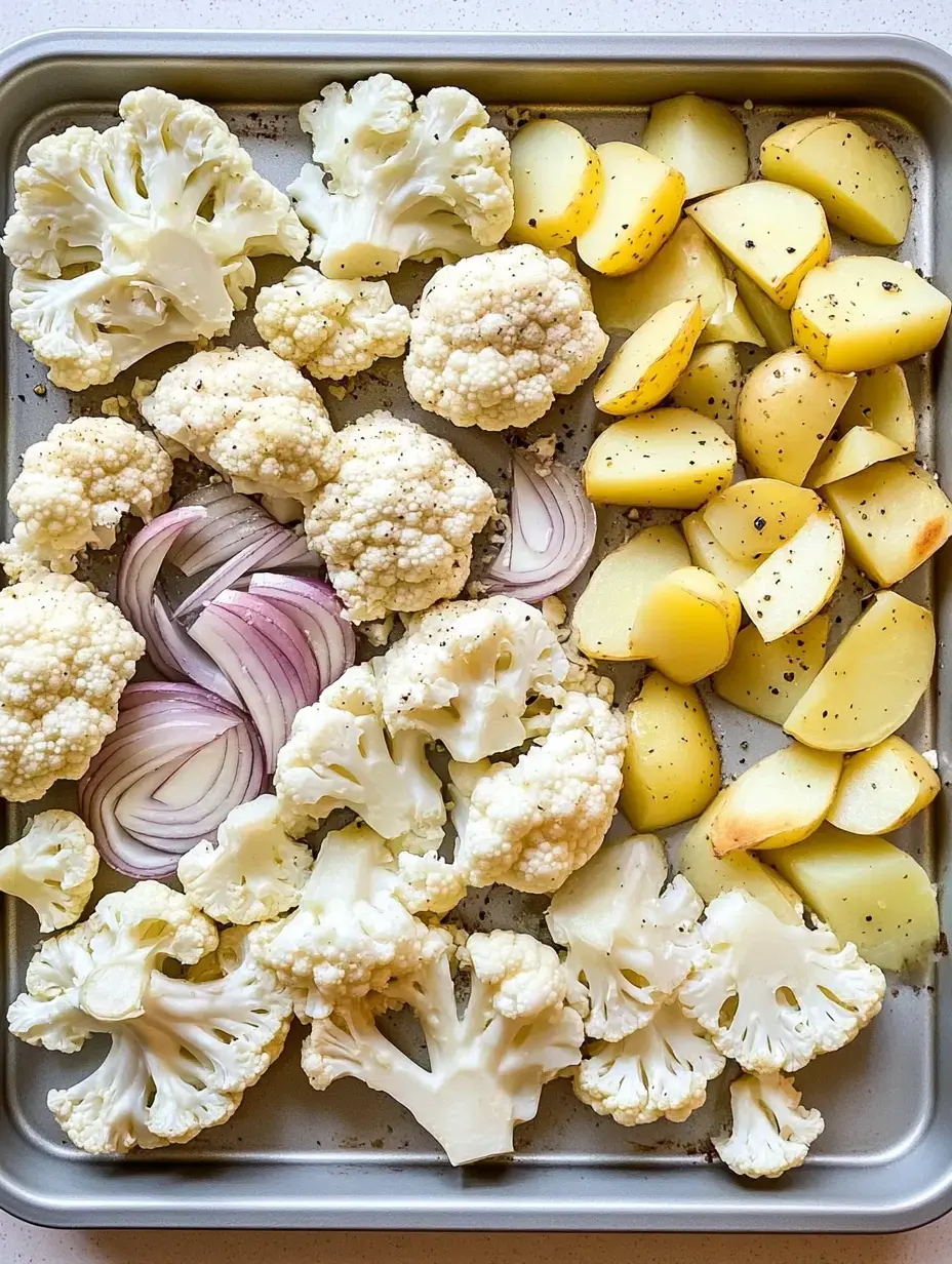 Una bandeja con ramilletes de coliflor, cebollas rojas y papas en cubos, sazonada con pimienta.