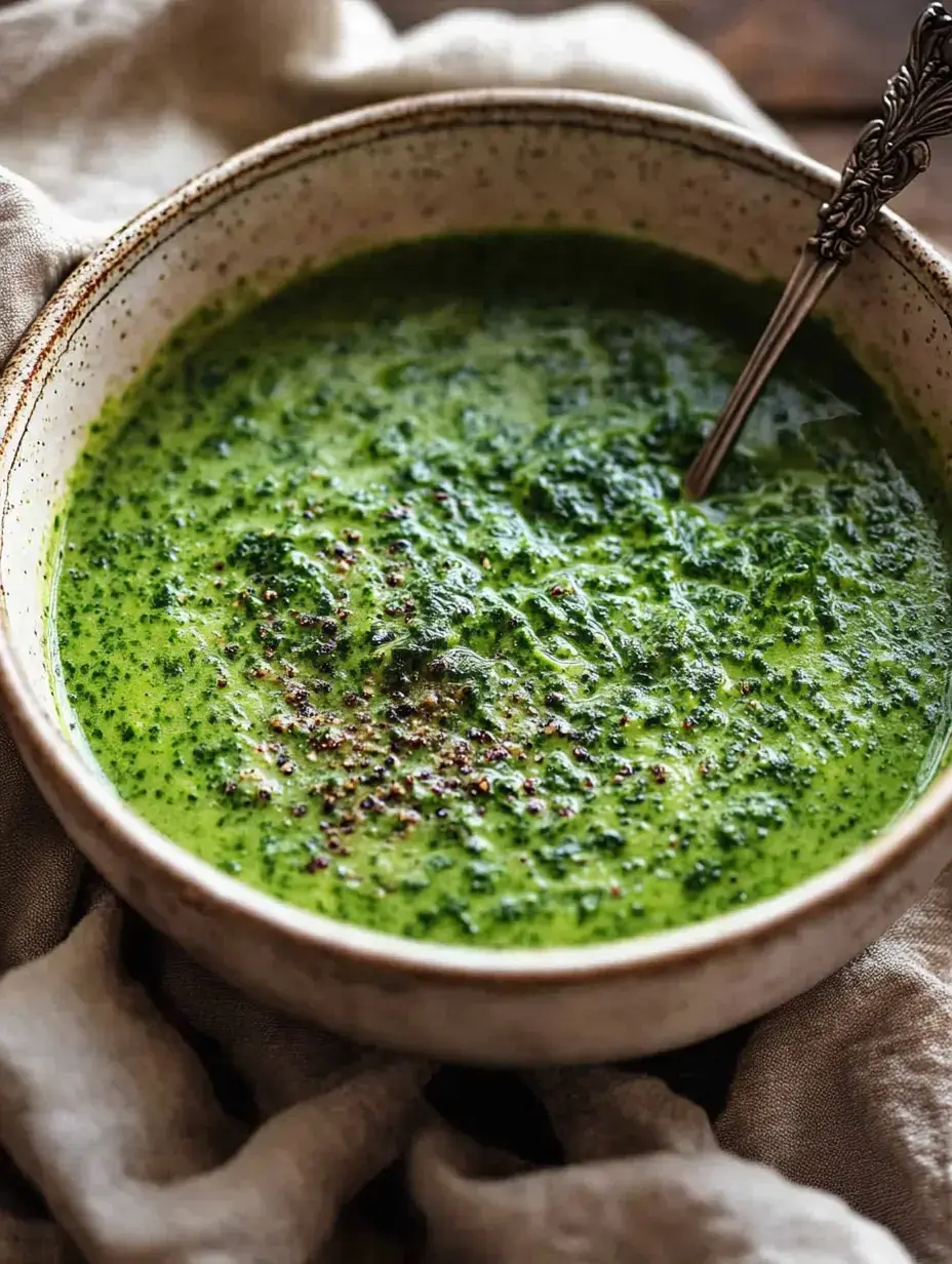 Un bol con sopa verde cremosa, espolvoreada con pimienta y sobre tela gris.