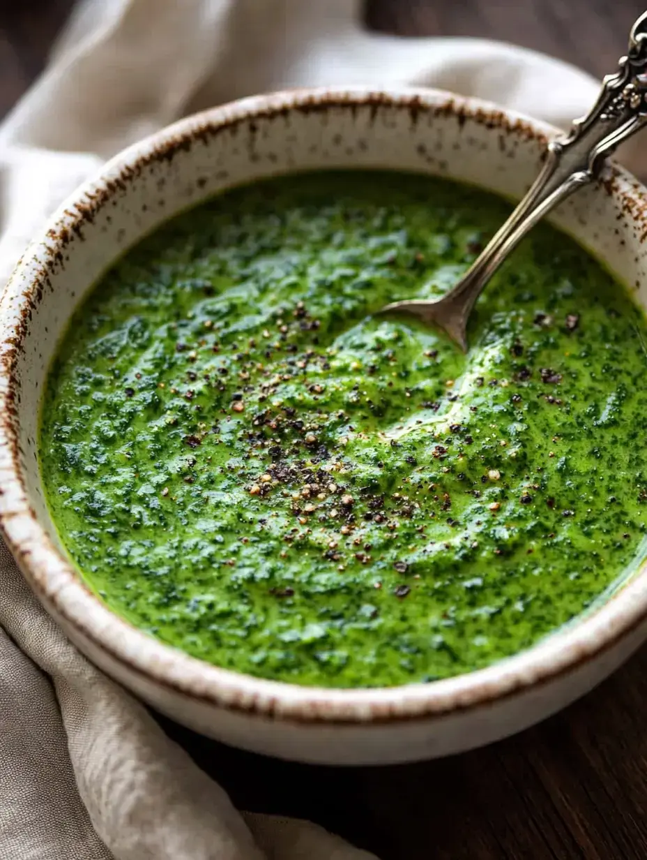 Un bol con salsa de hierbas verdes y pimienta negra.