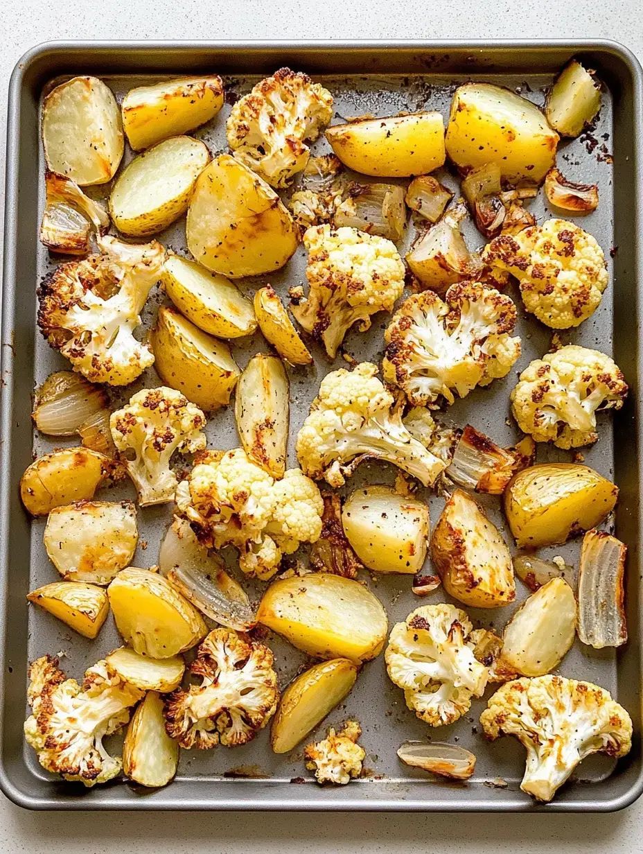 Una bandeja con coliflor y patatas horneadas doradas, adornadas con hierbas y cebollas.