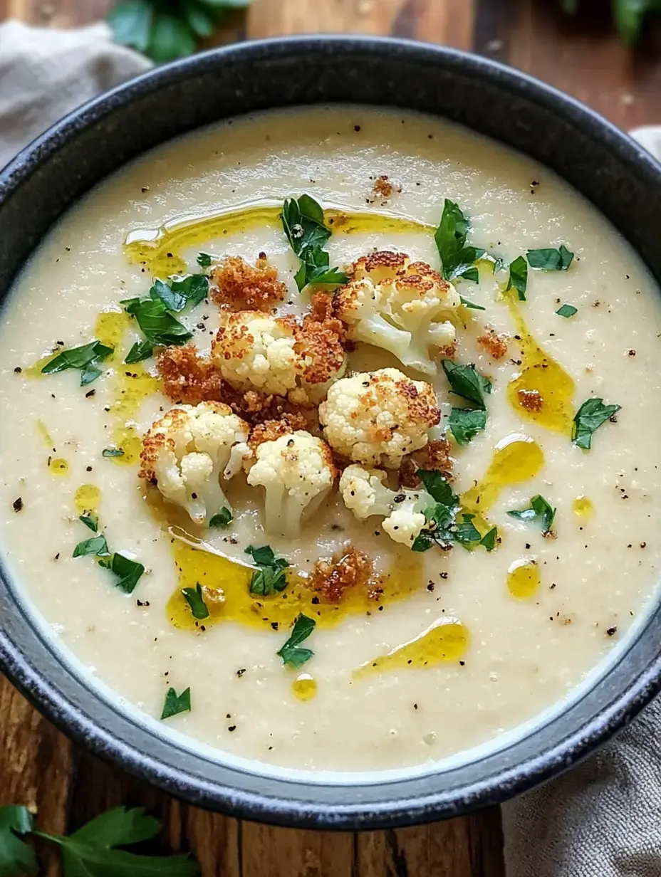 Un tazón de sopa cremosa de coliflor, adornada con trozos de coliflor salteados, hierbas frescas y un chorrito de aceite de oliva.