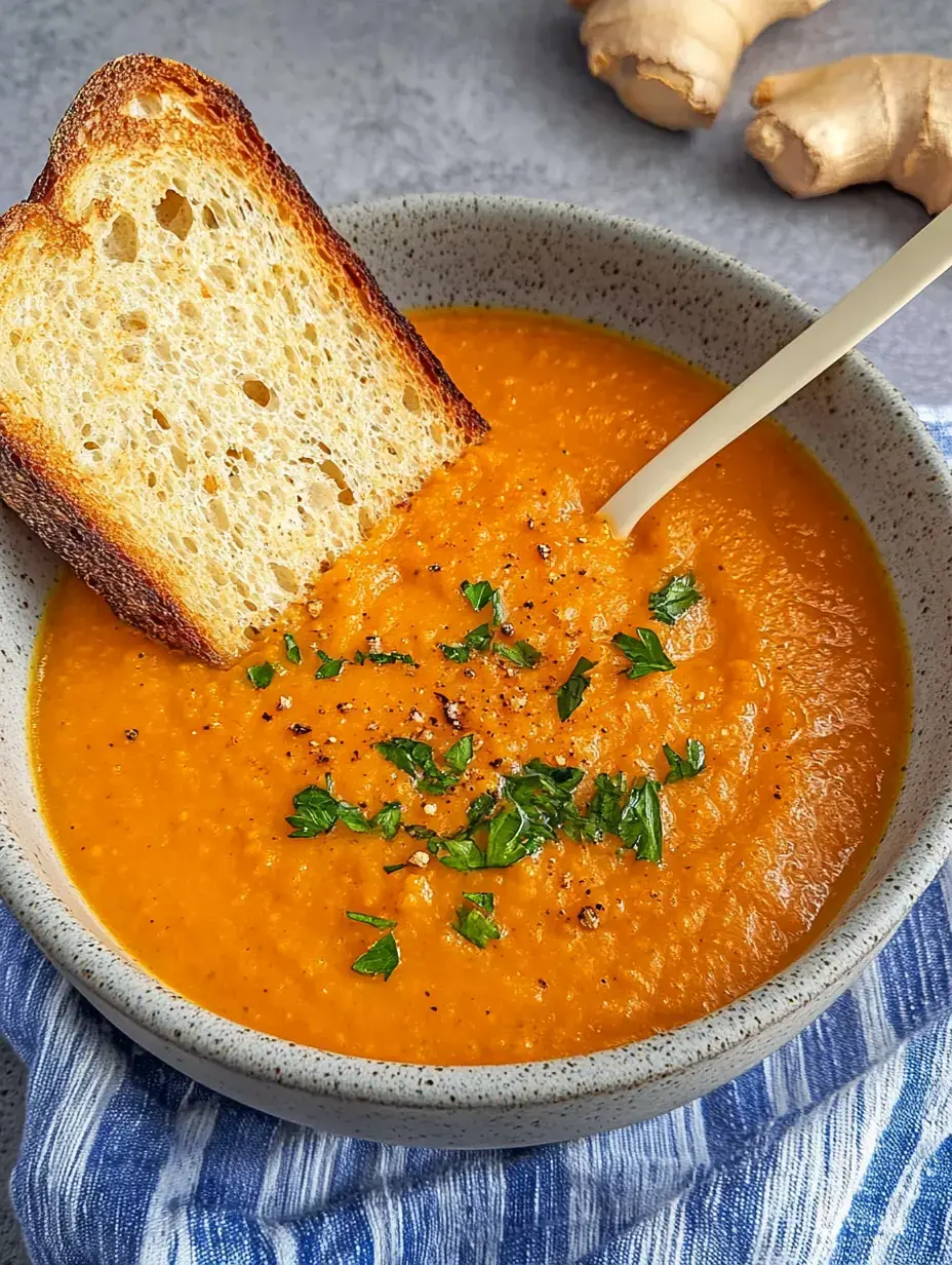 Un plato de sopa color calabaza, con perejil fresco y pan tostado al lado.