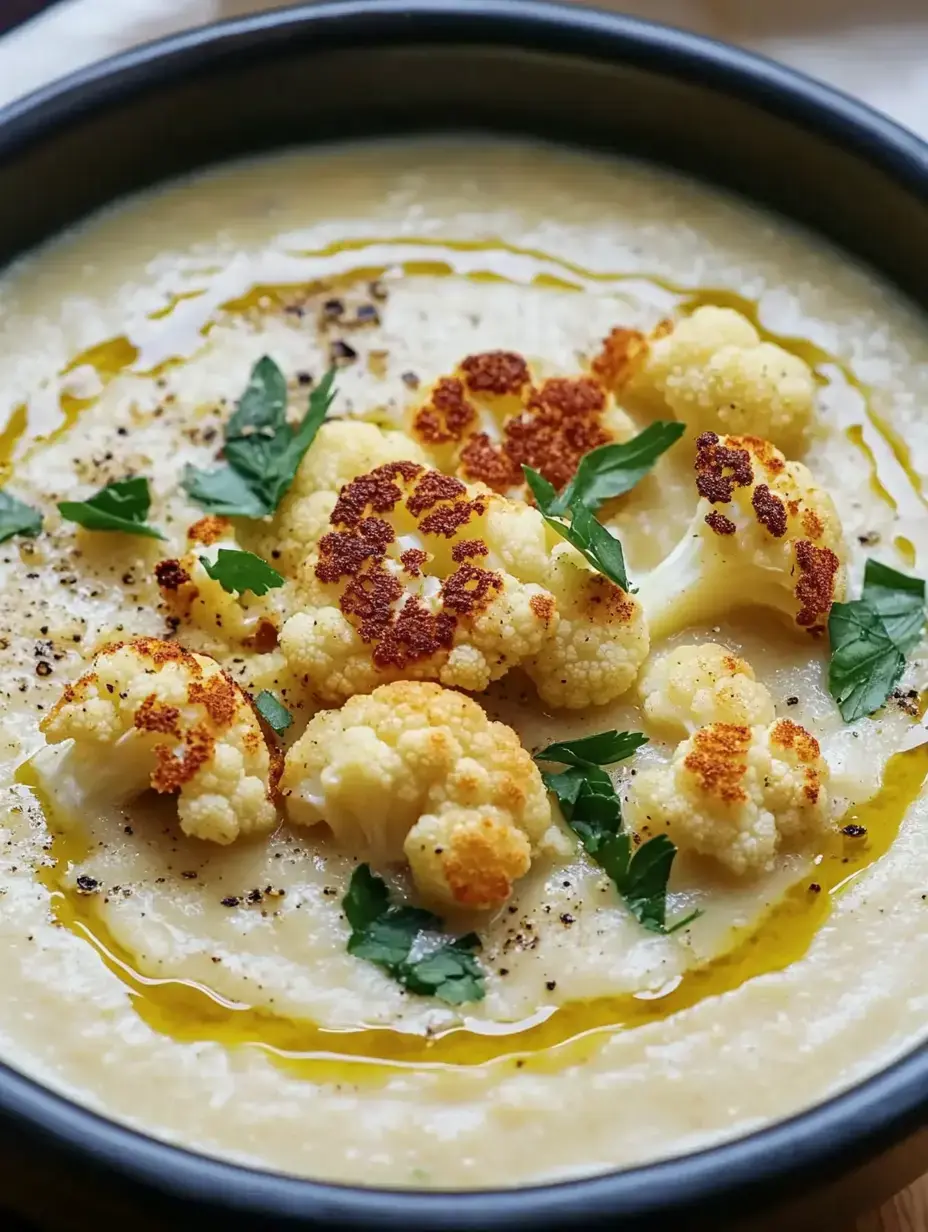 Una sopa cremosa de coliflor, adornada con ramilletes de coliflor tostados y perejil fresco.