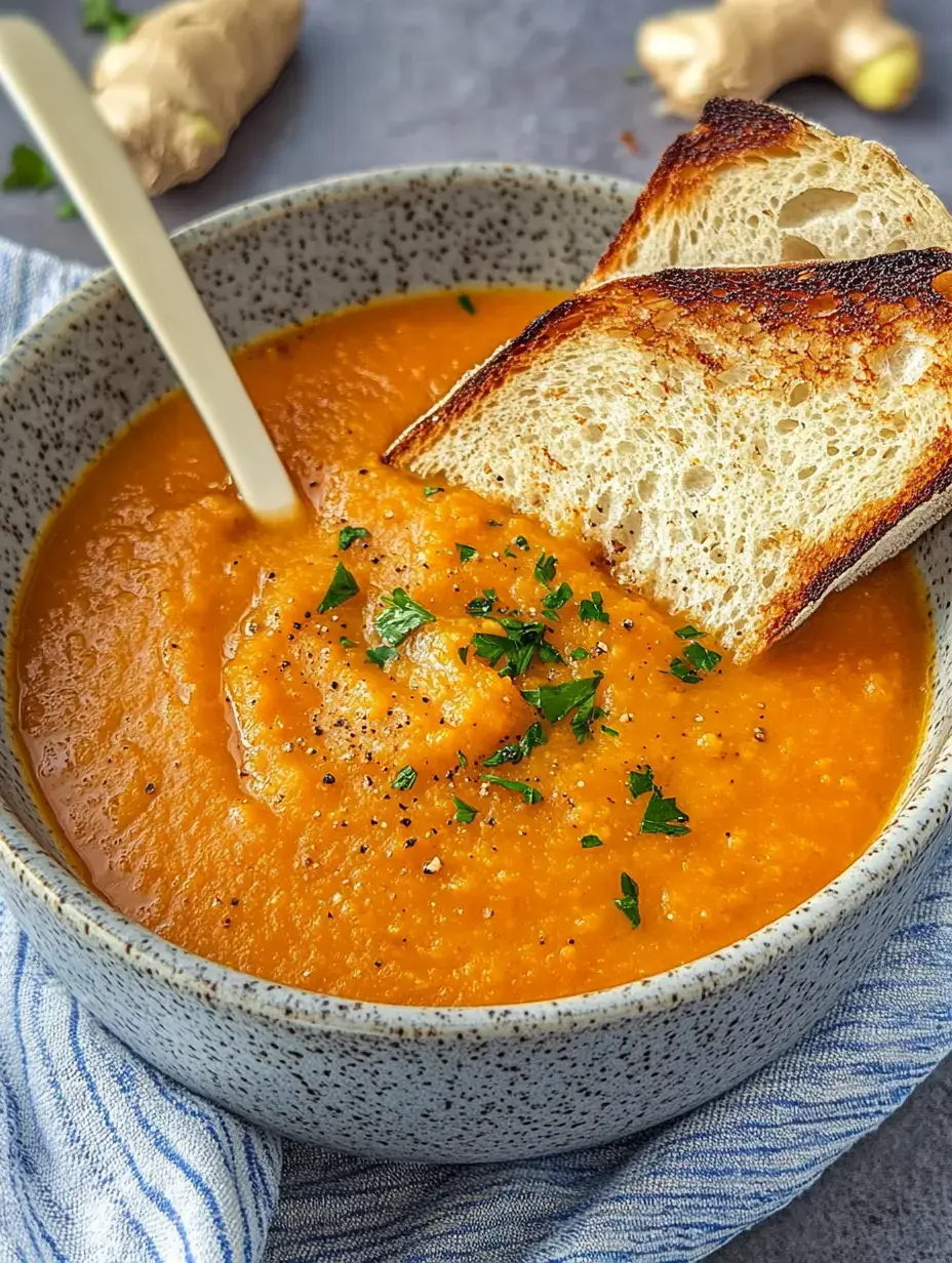 Un bowl de sopa cremosa de zanahoria, con perejil y dos trozos de pan tostado sobre un paño azul.